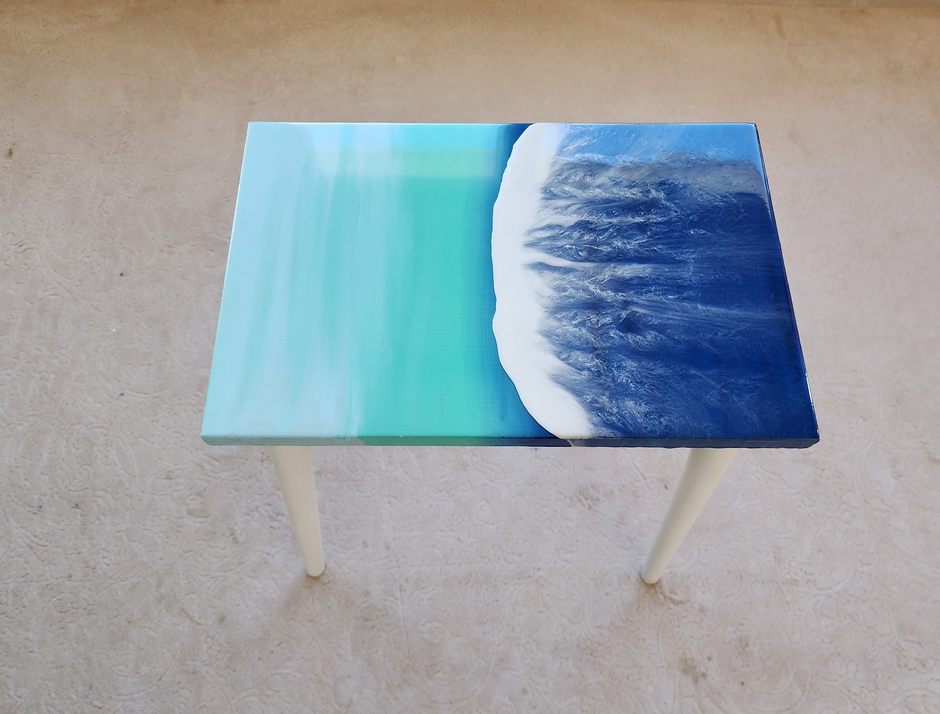 Small Natural Epoxy Resin Coastal Beach Side Coffee Table, Unique Cool Nautical Bedside Bedroom Entryway Sea House Decor Blue End  Table