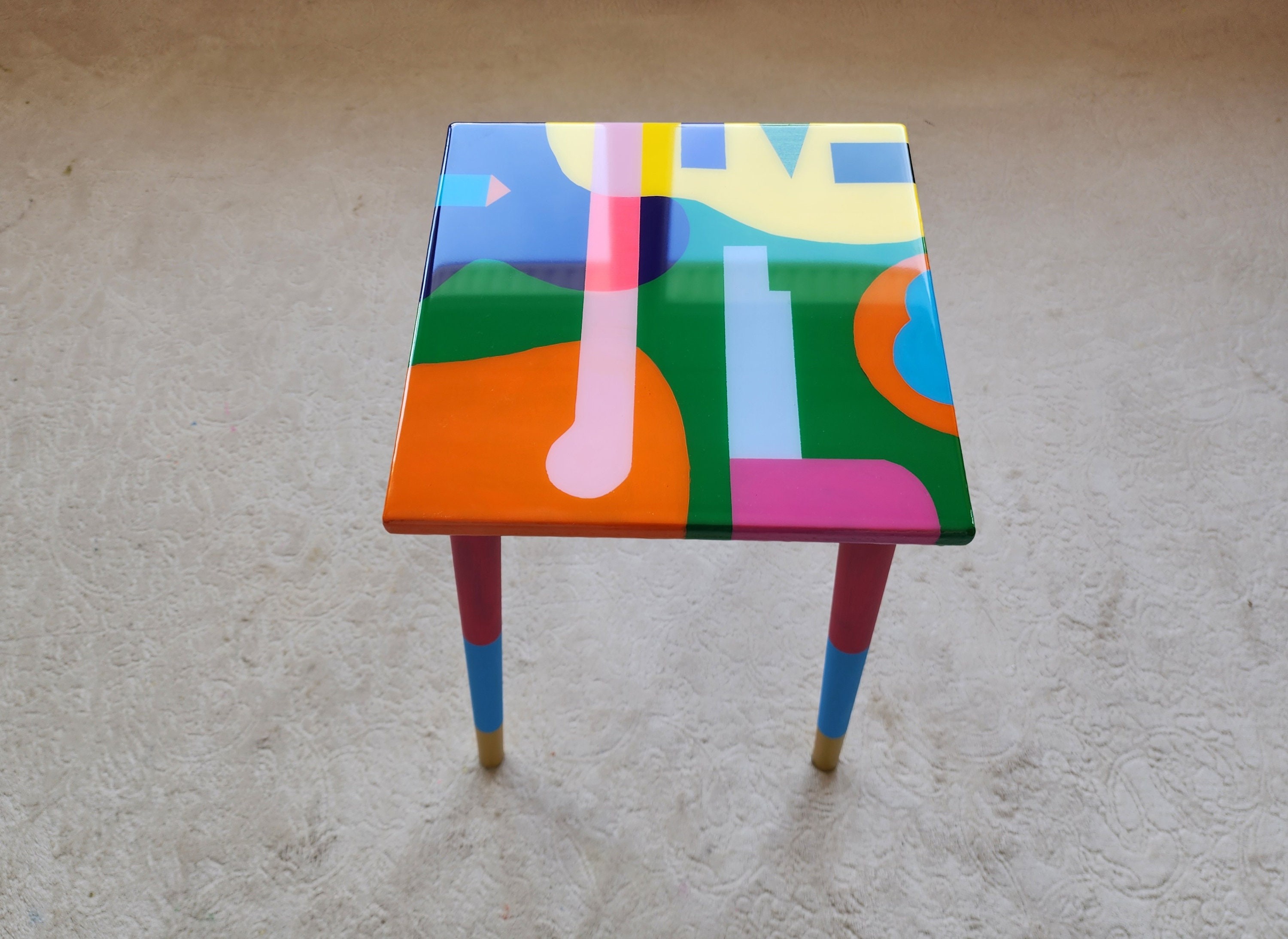 Square Colorful Funky Abstract Boho Resin Table,Pink Green Groovy Vibrant Wood Rainbow Retro Hippi End Side Cool Luxury Center Coffee Table