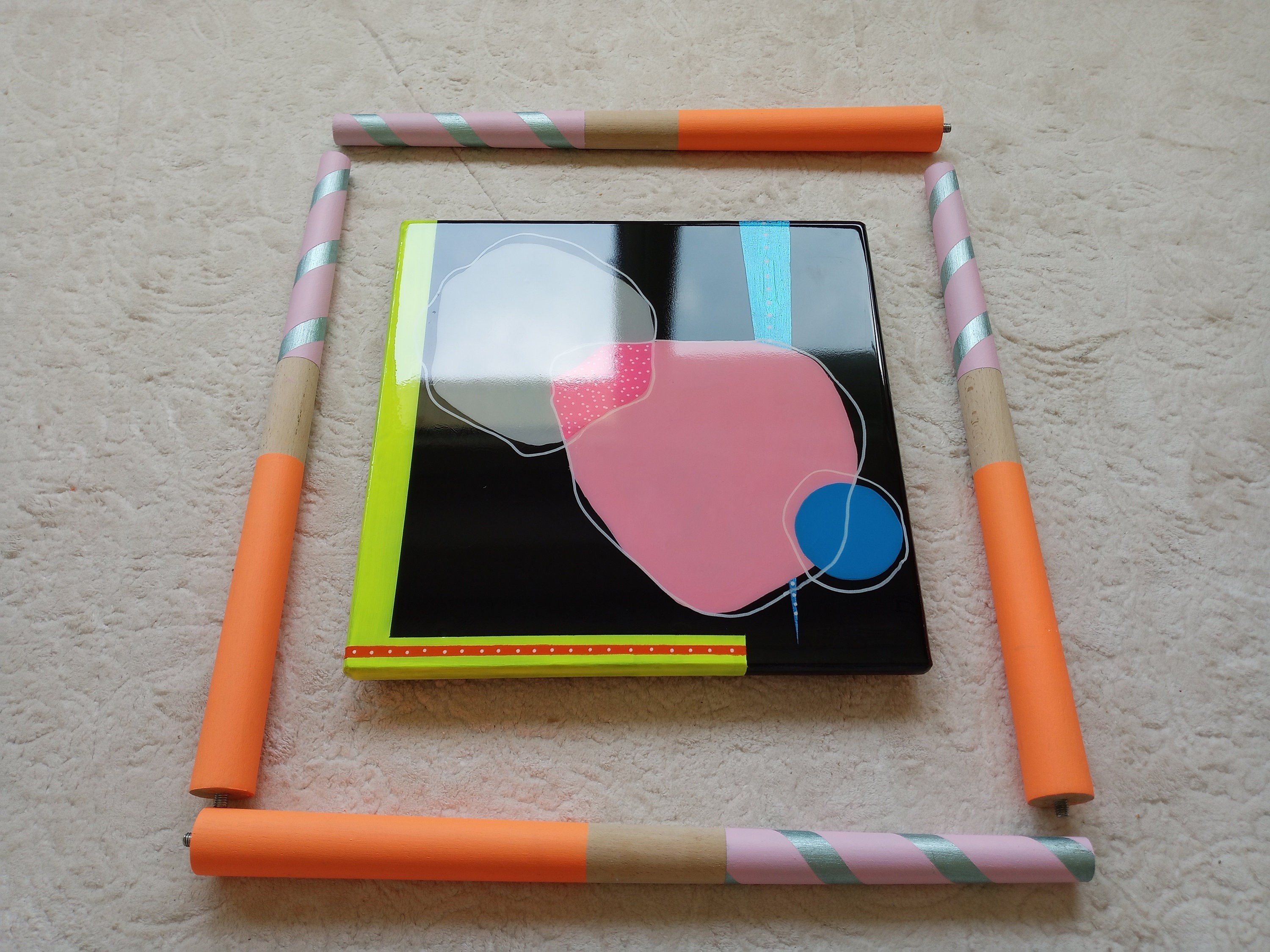 Abstract Colorful Vibrant Side Resin Coffee Table, Modern Unique Artistic Design Black Pink Stylish Painted Legs Cool Cute Epoxy End Table