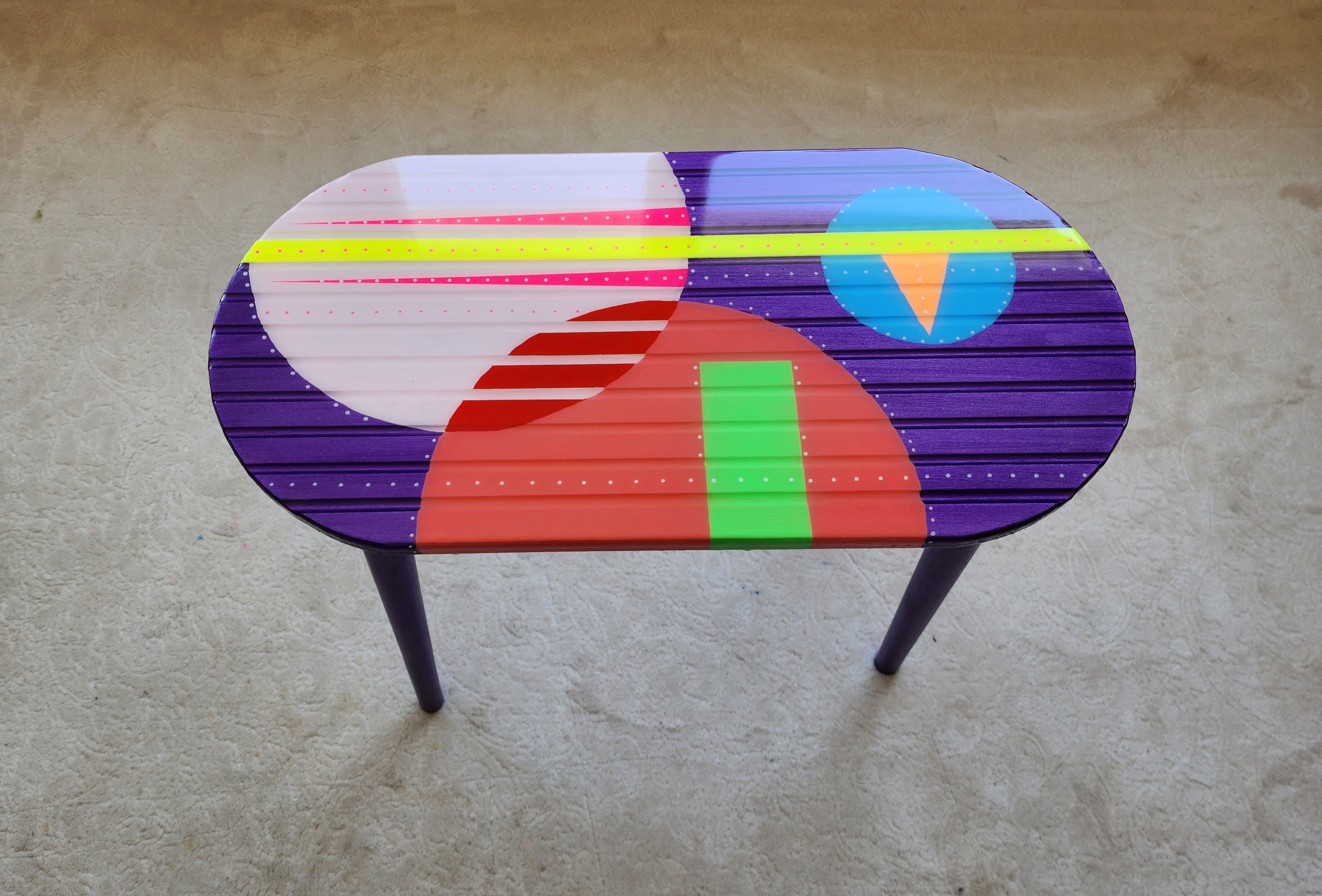 Modern Oval Colorful Abstract Funky Epoxy Resin Side Table, Wooden Minimalist Unique Aesthetic Maximalist Bedside Pink Art Coffee Table