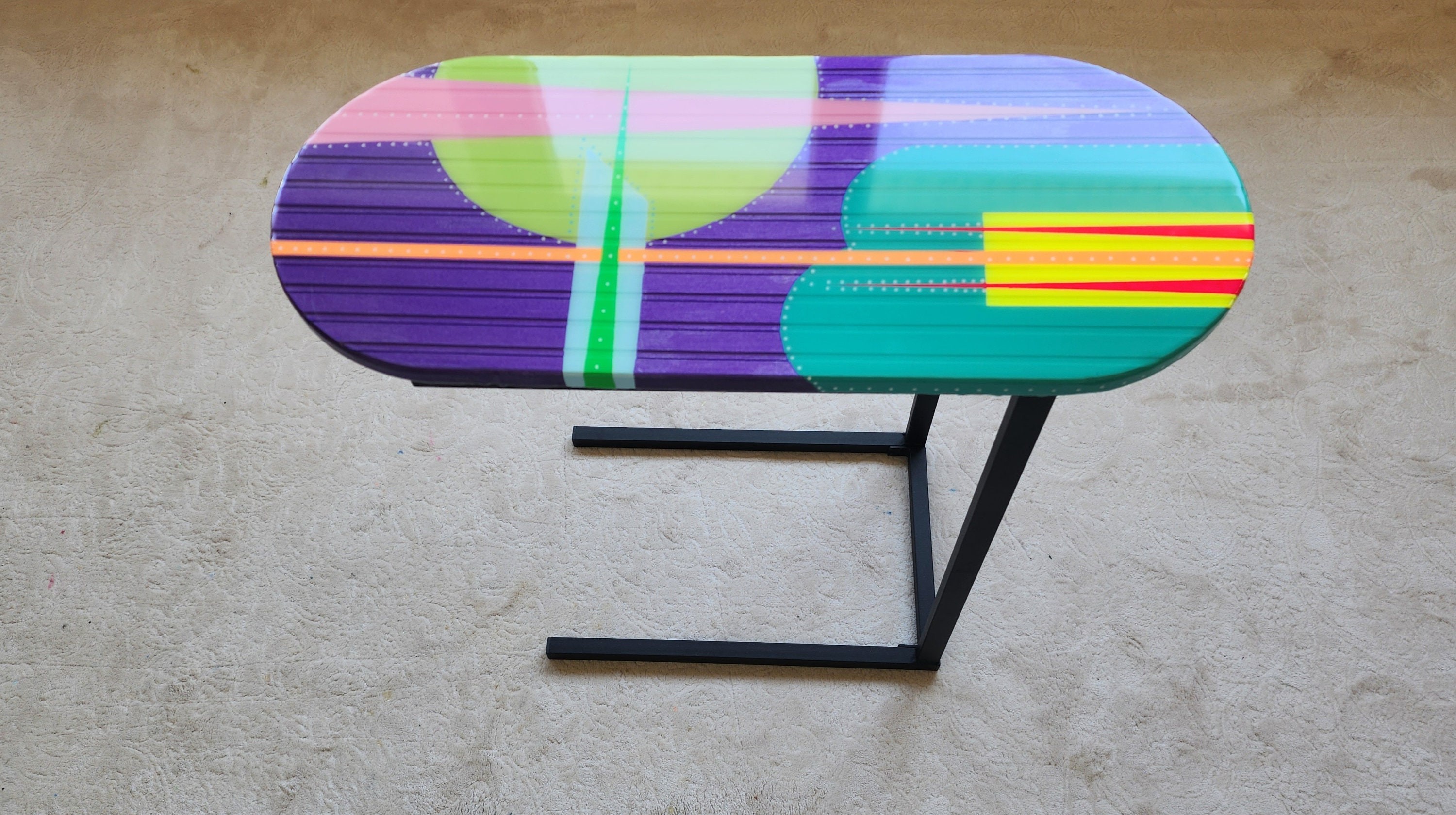Wooden C Shape Colorful Side End Resin Coffee Table With Metal Legs, Abstract Cool Vintage Retro Modern Geometric Design Purple Couch Table
