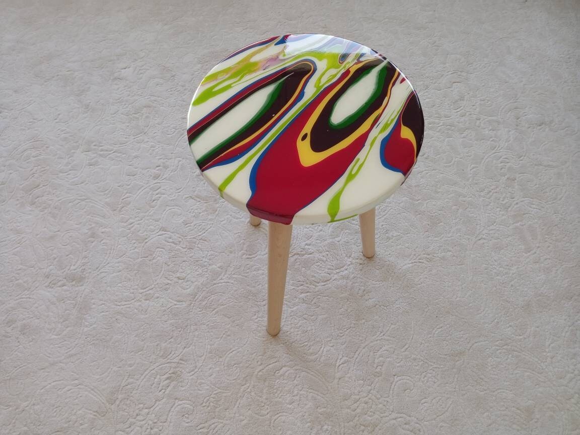 Round Small Resin White Side Coffee Table, Green Red Epoxy Modern Unique Wooden  Wood Living Room Furniture End Sofa Bedside Cool Art Table