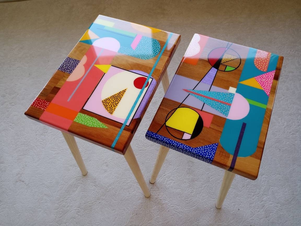 Colorful Hand Painted Funky Resin Side End Tables, Unique Pink Blue Abstract Bedside Living Room Entryway Boho 80s Epoxy Art Coffee Table
