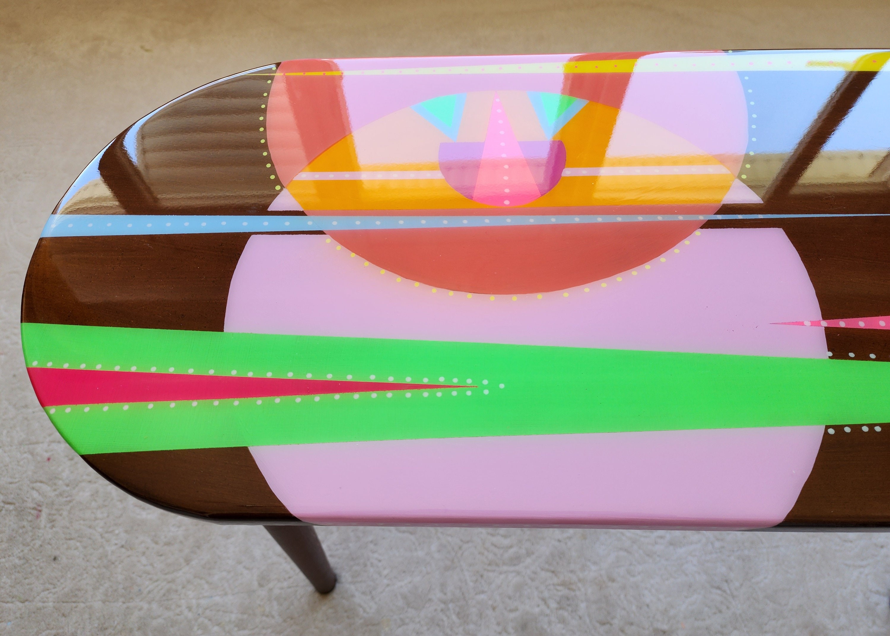 Oval Handmade Funky Colorful Resin Side Coffee Table,Wooden Retro Vintage Abstract Painted Pop Art Living Room Cool Pink Brown Unusual Table