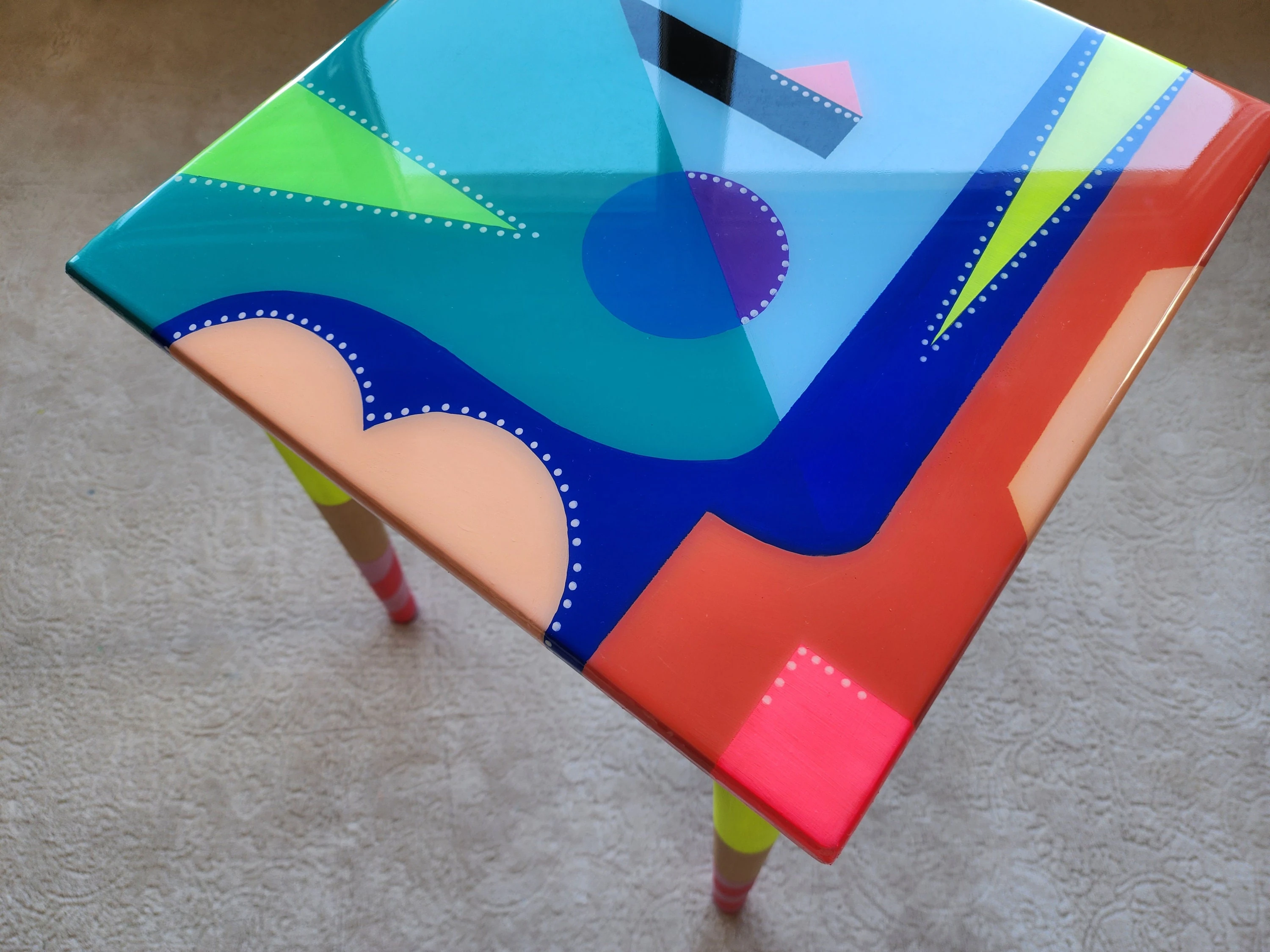 Unusual Pink Blue Funky Colorful Side Narrow Resin Coffee Tables,Maximalist Eclectic Abstract Cool Neon Painted Leg Epoxy Boho Pop Art Table