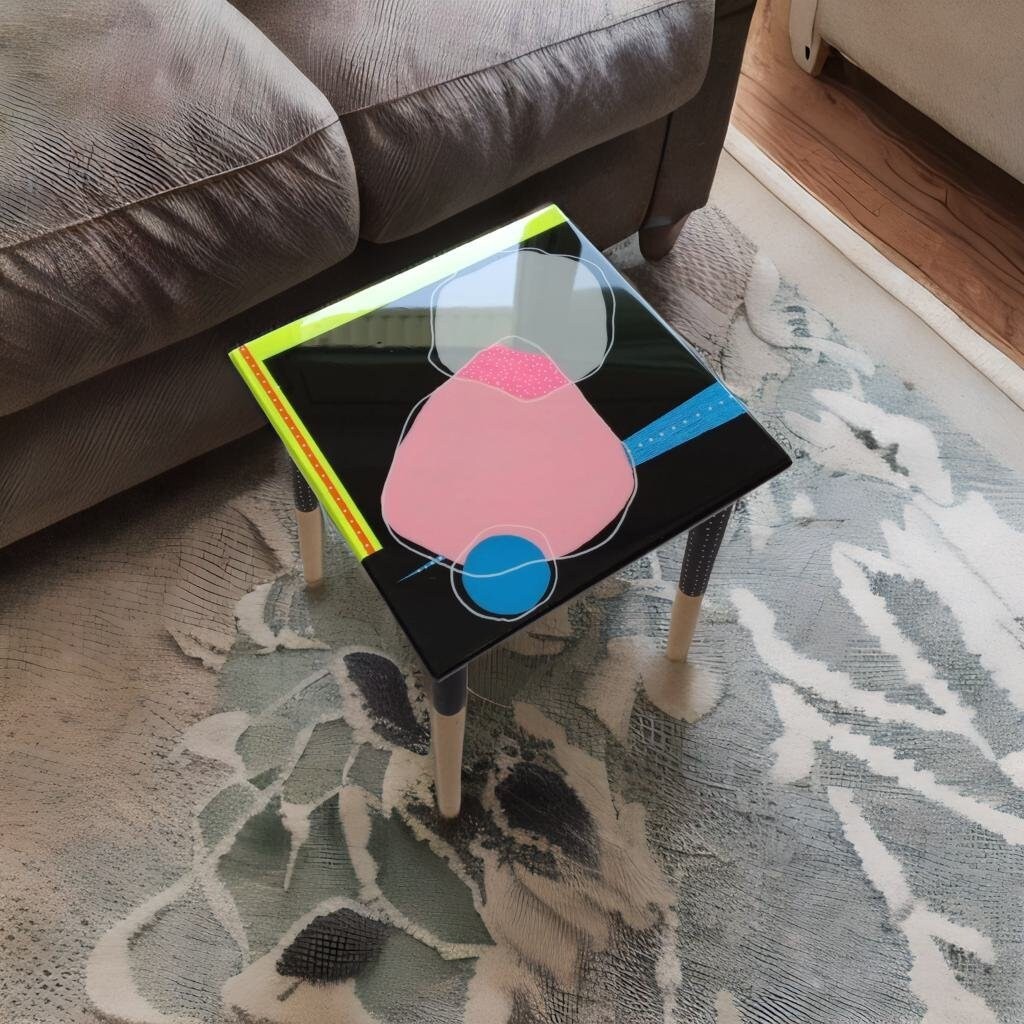 Abstract Colorful Pop Art Side End Resin Coffee Table, Modern Unique Artistic Unusual Contemporary Design Black Pink Stylish Epoxy Table