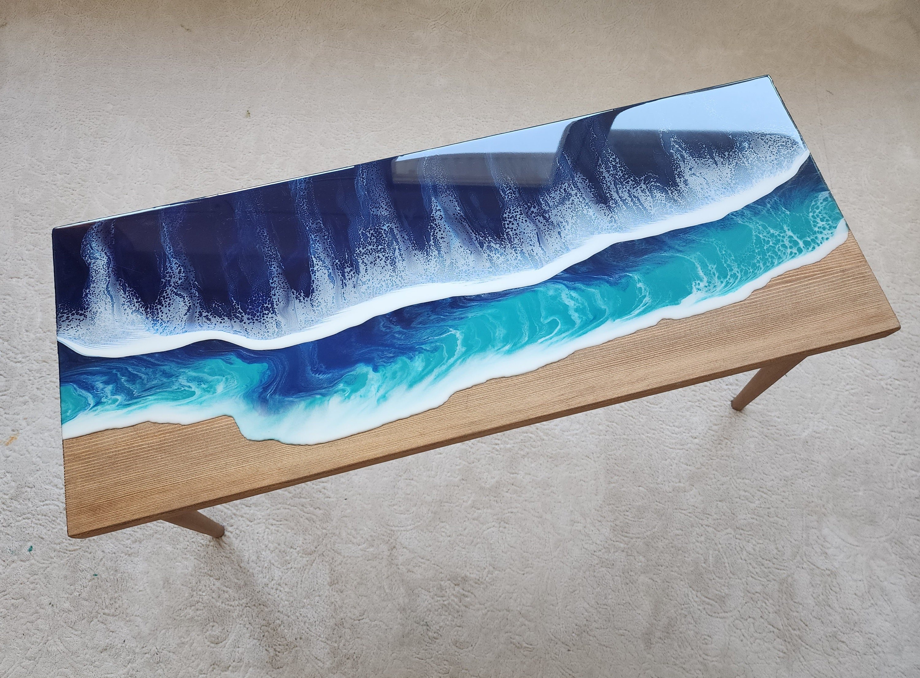 Natural Ocean Wave Blue Resin Beach Side Table, Wooden Sea Themed Living Room Bedroom Entryway Nautical Cool End Sofa Epoxy Art Coffee Table