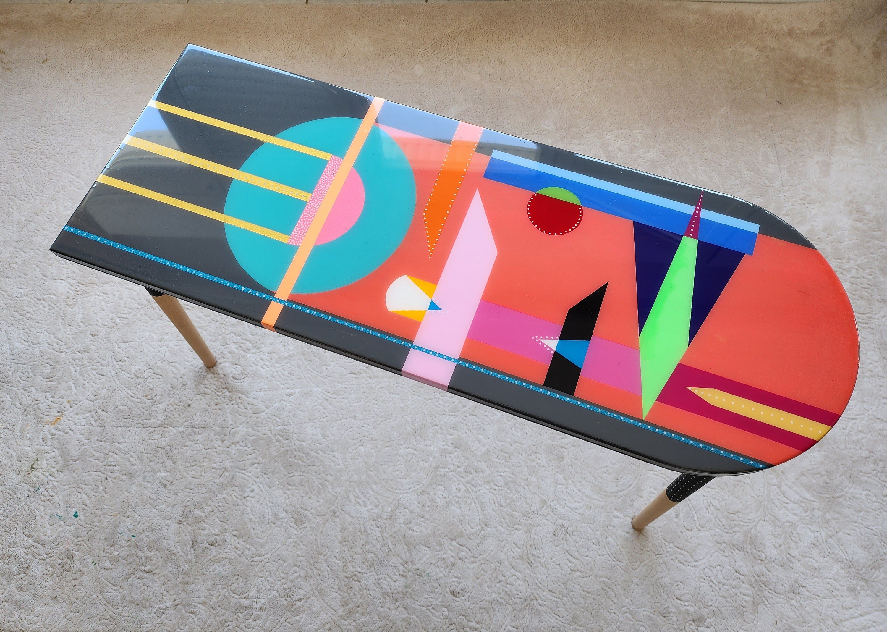 Unusual Colorful Abstract Funky Epoxy Resin Coffee Table, Modern Handmade Cool Eclectic Retro Boho Pop Art Black Pink Side End Center Table