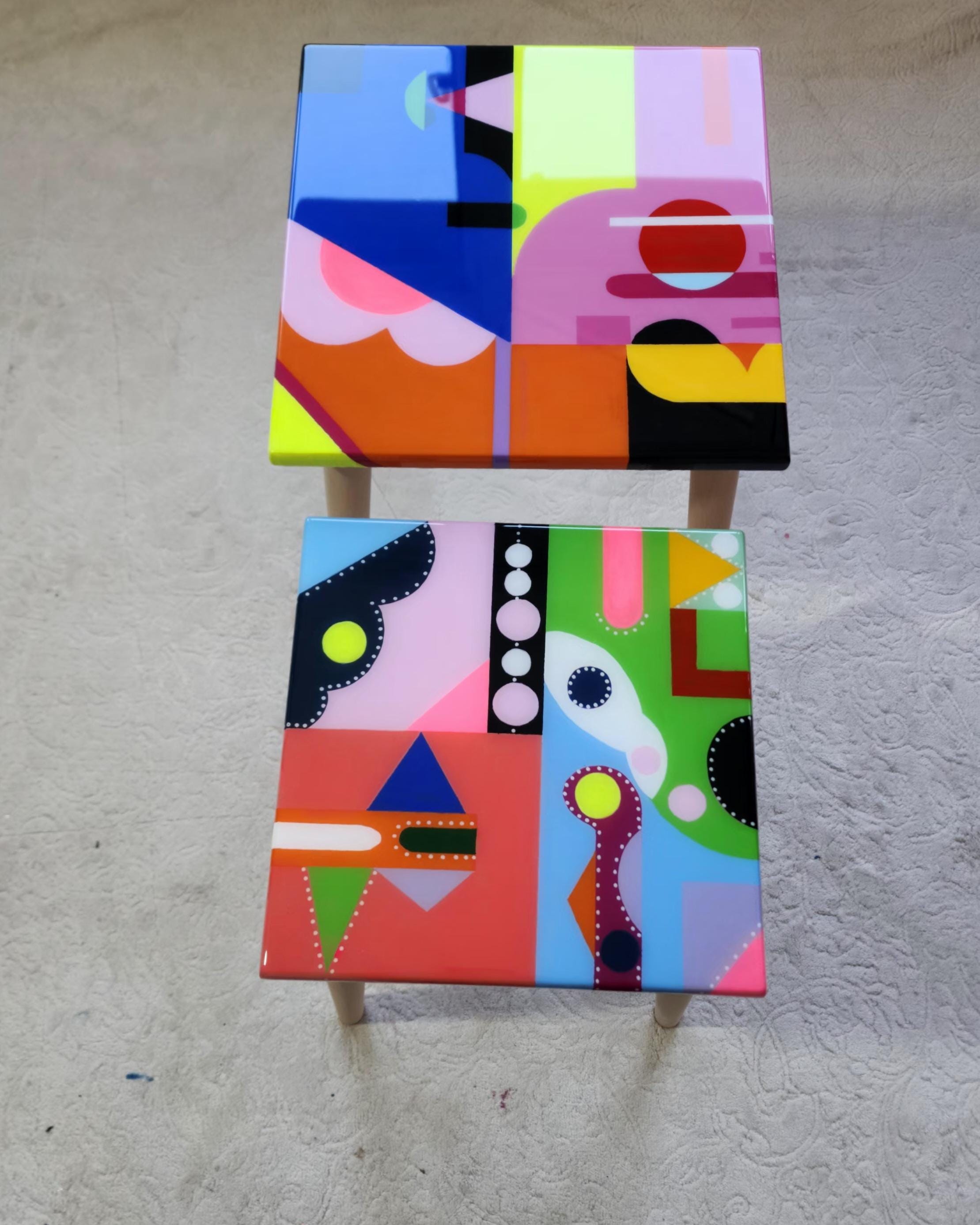Colorful Small Funky Hand Painted Epoxy Resin Side Coffee Tables