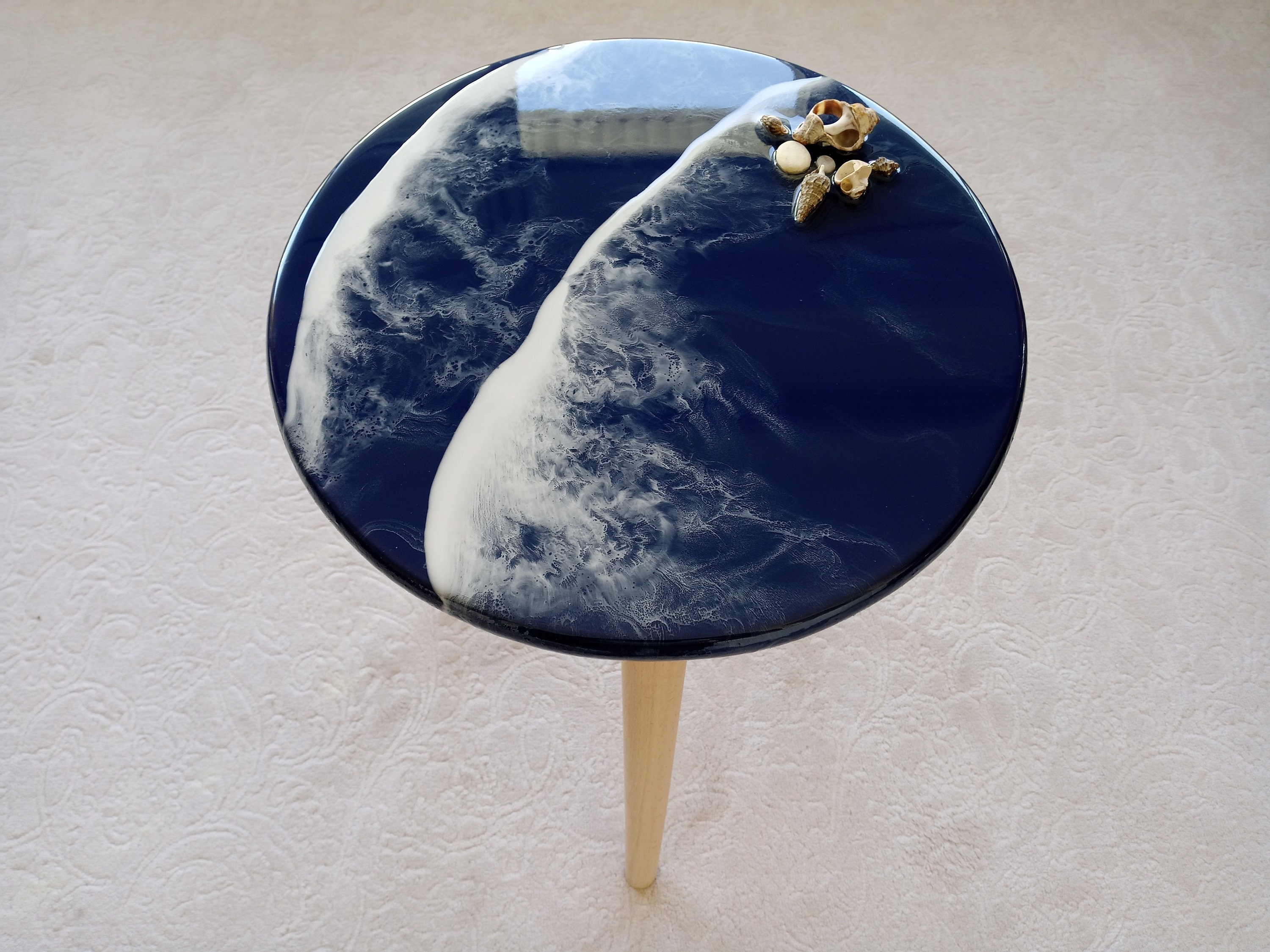 Dark Blue Ocean Wave Resin Side Coffee Table, Round Small Unique Beach House Decor,Living Room Bedside Natural Coastal Cool End Art Table