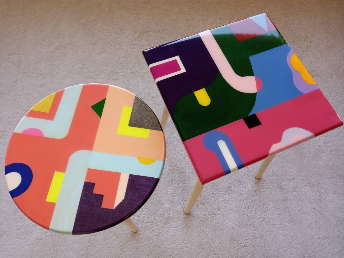 Colorful Wooden Resin Funky Boho Side Coffee Tables,Unique Pink Orange Bedside Modern Sofa End Epoxy Art Tables,Round Square Abstract Table