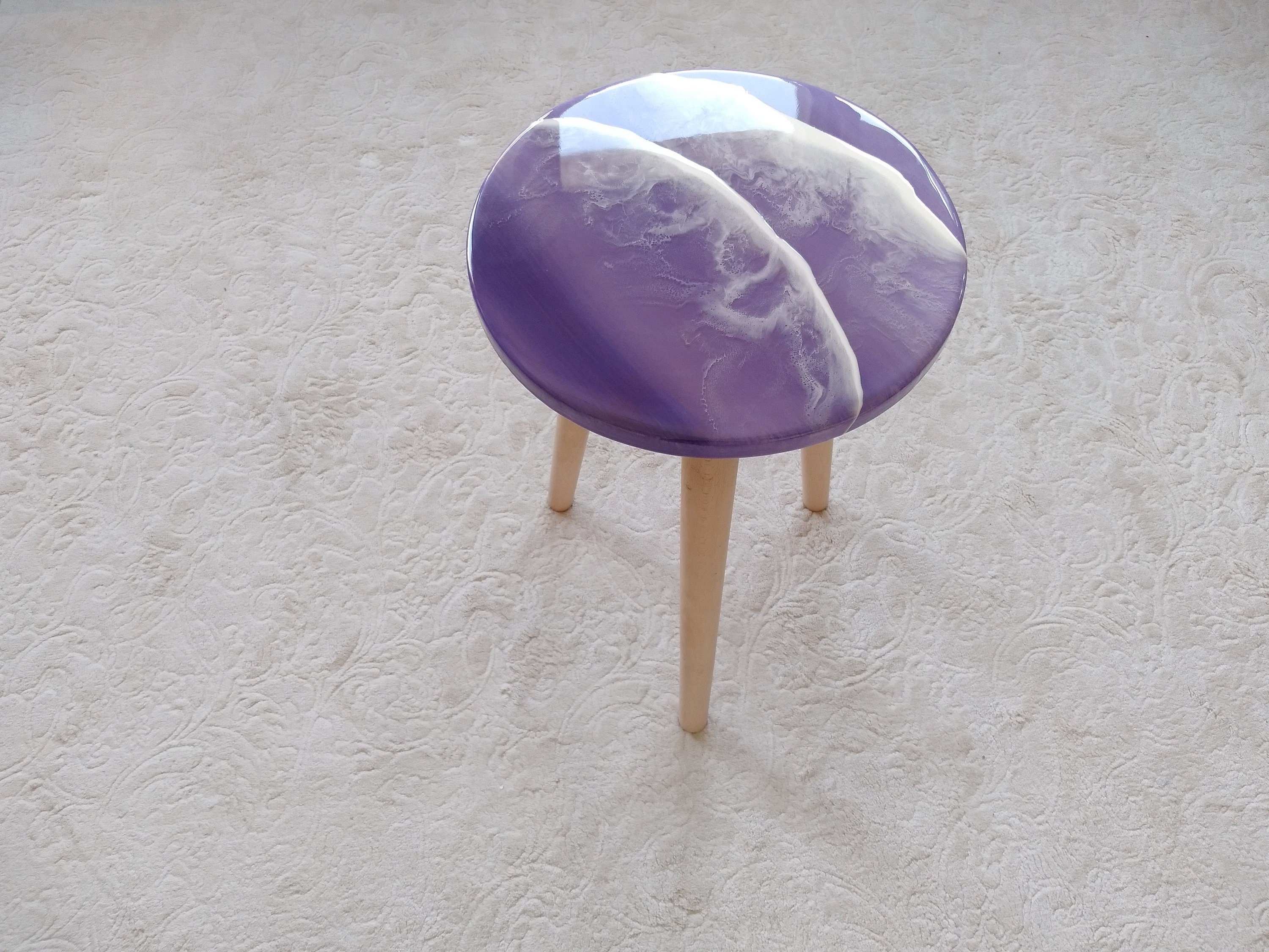 Unique Ocean Wave Resin Sofa Coffee Table, Purple Modern Natural Wood Side Art End Beach Art Design, Living Room, Bedside Bedroom Cool Table