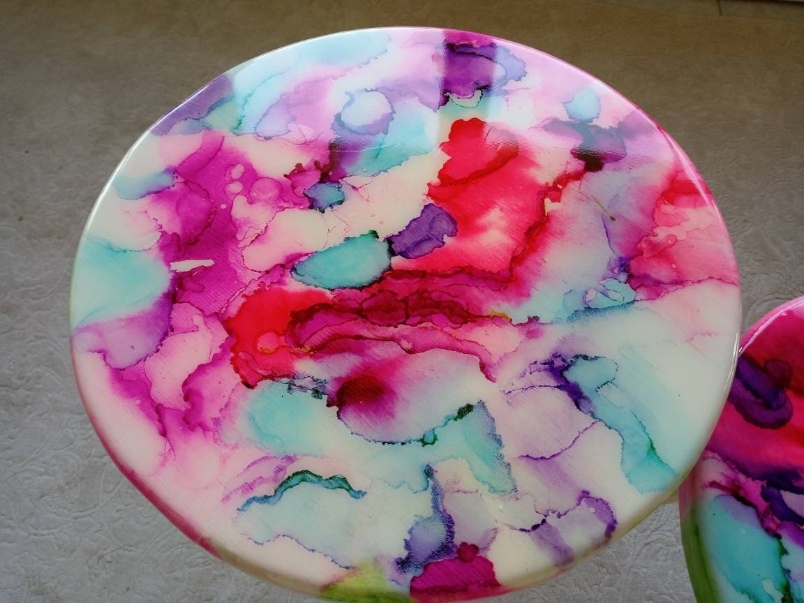 Wooden Colorful Abstract Resin Side Coffee Tables,Round Pink White Eclectic Cool Vibrant Bedside Entryway Handmade Painted Art End Table