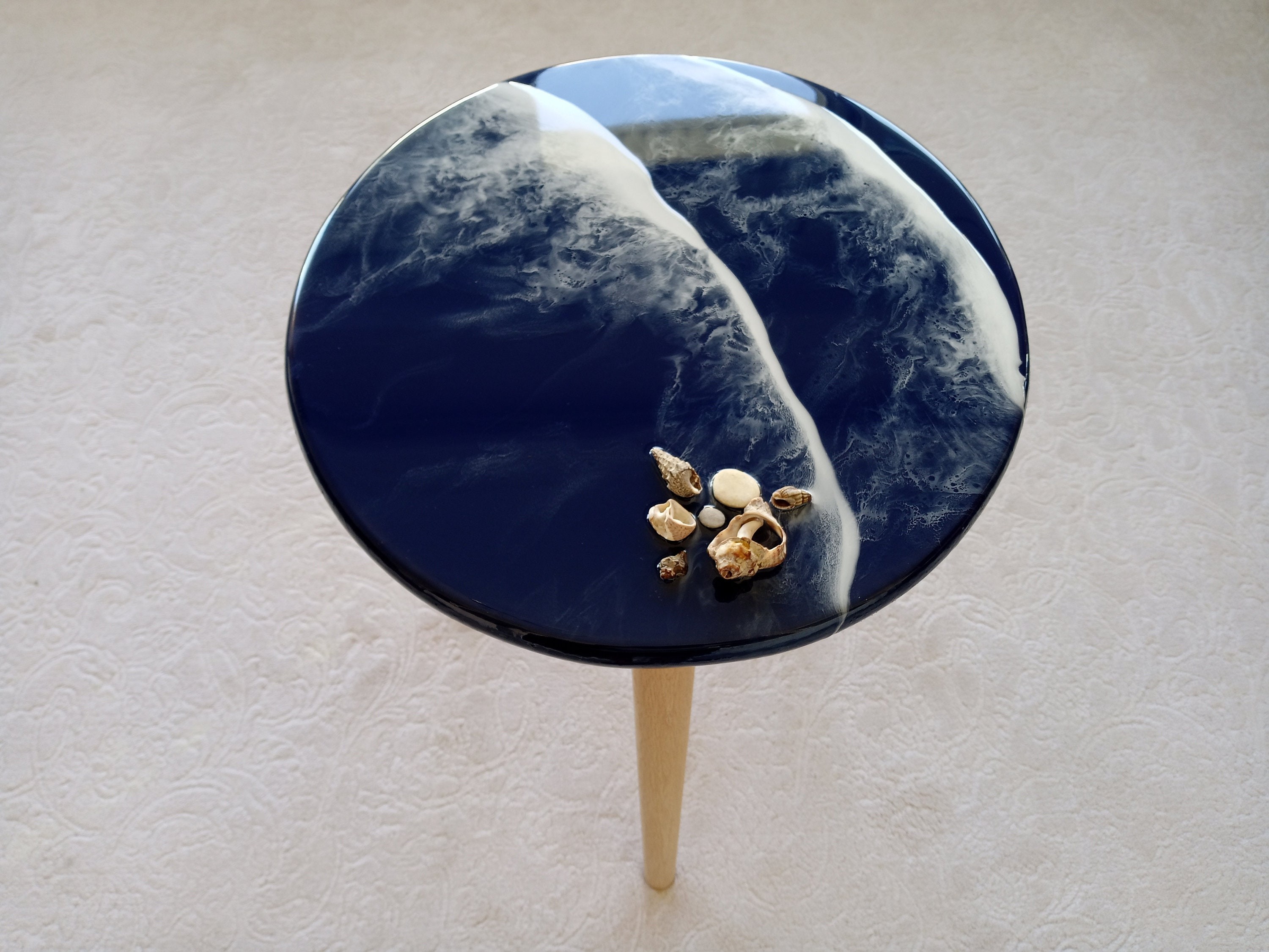 Dark Blue Ocean Wave Resin Side Coffee Table, Round Small Unique Beach House Decor,Living Room Bedside Natural Coastal Cool End Art Table