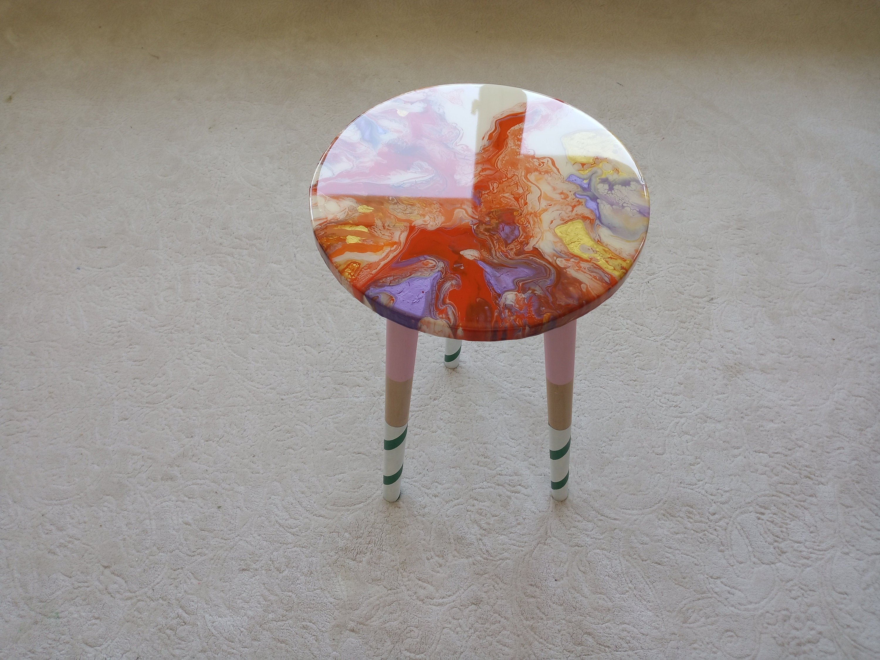 Colorful Abstract Vibrant Wooden Resin Side Coffee Table, Unique Acrylic  Painted Orange Eclectic Cute Epoxy End Boho Cool Small Art Table