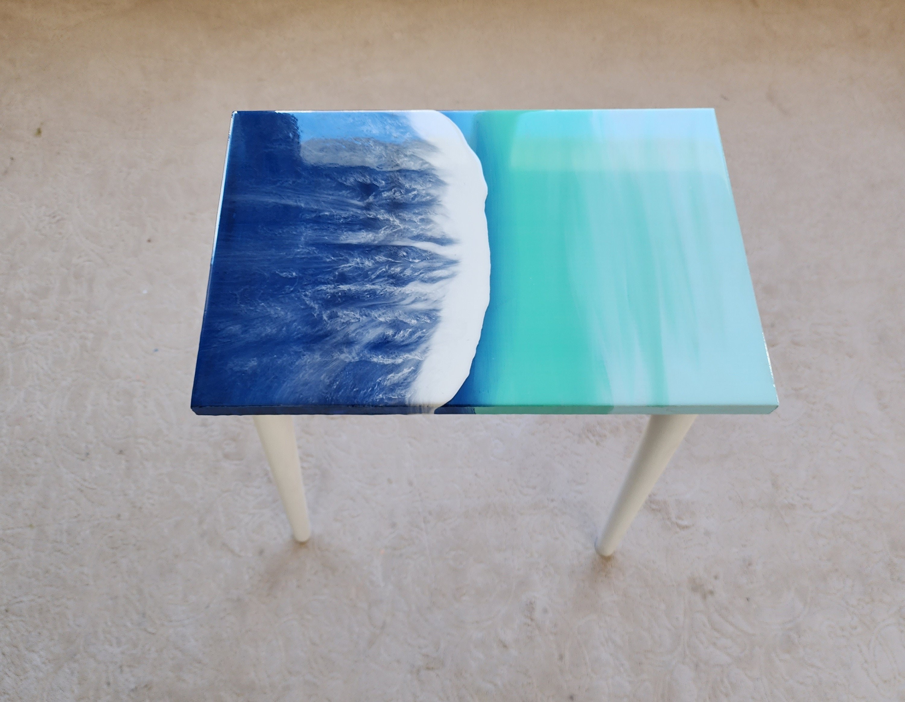 Small Natural Epoxy Resin Coastal Beach Side Coffee Table, Unique Cool Nautical Bedside Bedroom Entryway Sea House Decor Blue End  Table