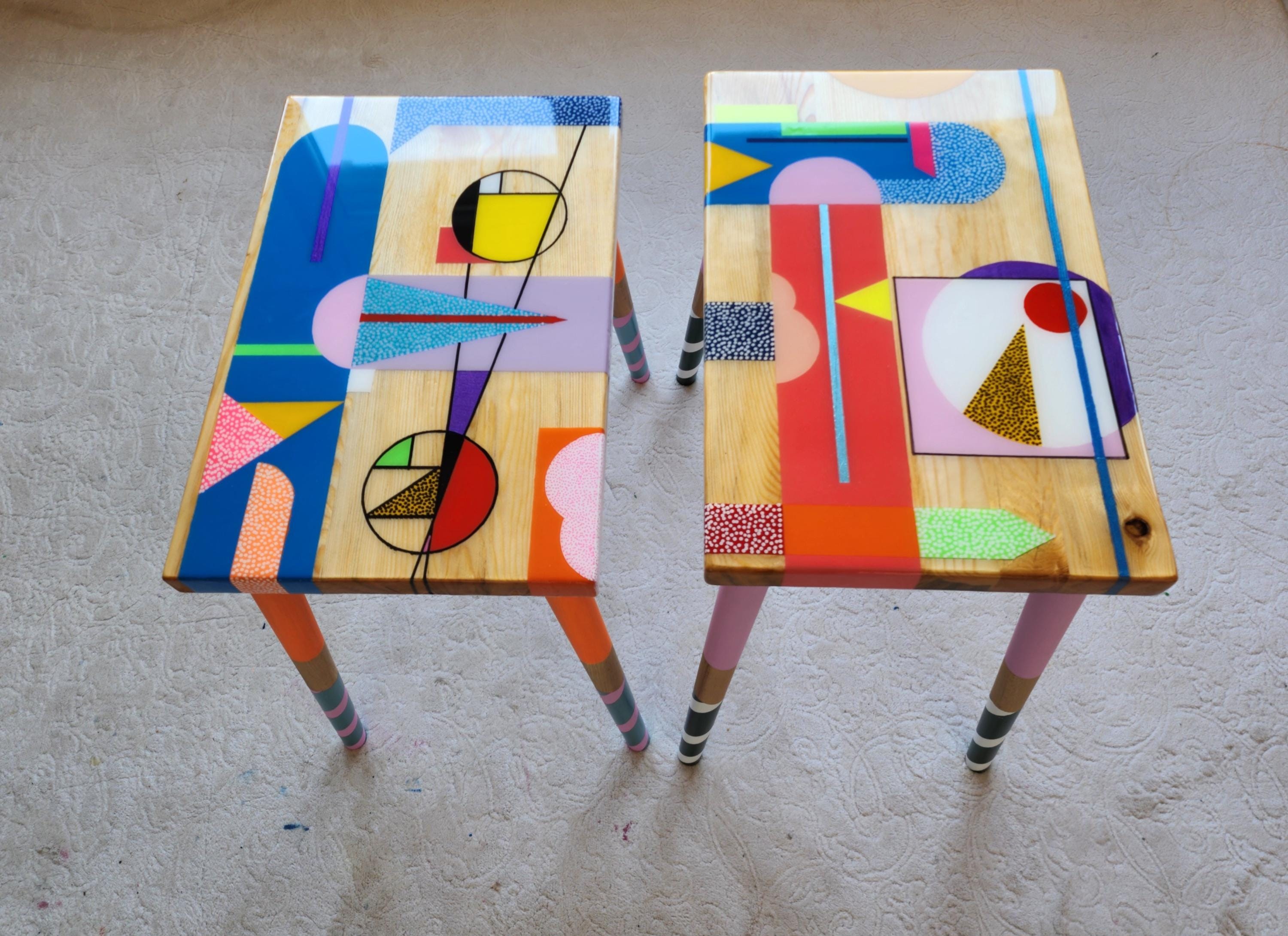Colorful Pink Blue Painted Funky Resin Side Art Coffee Tables,Unique Abstract Bedside Living Room Entryway Boho MCM Quirky Epoxy Cute Table