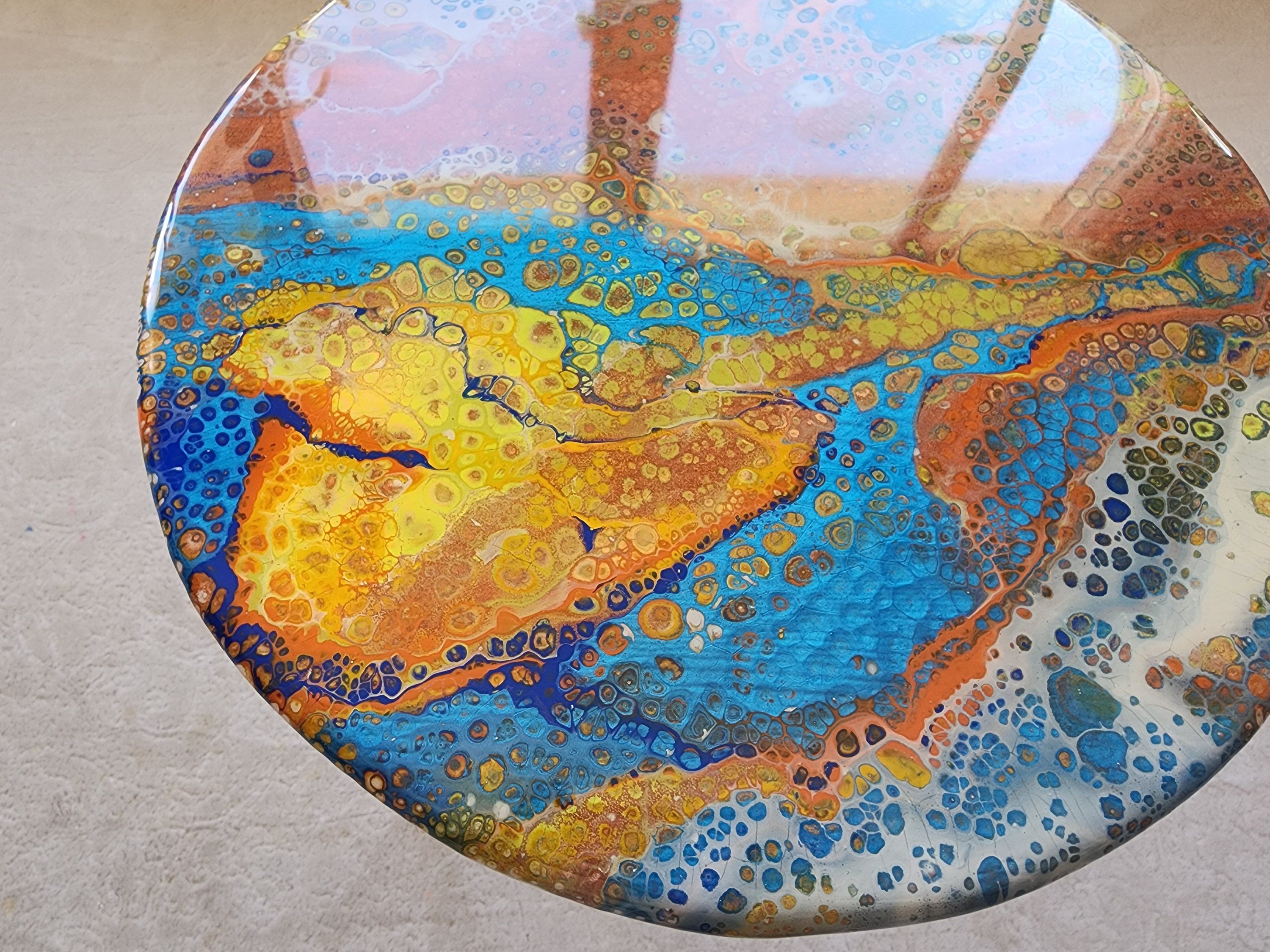 Round Colorful Abstract Epoxy Resin Side Coffee Tables, Cool Red Blue Wooden Postmodern Funky Nightstand Modern Handcrafted  End Art Table