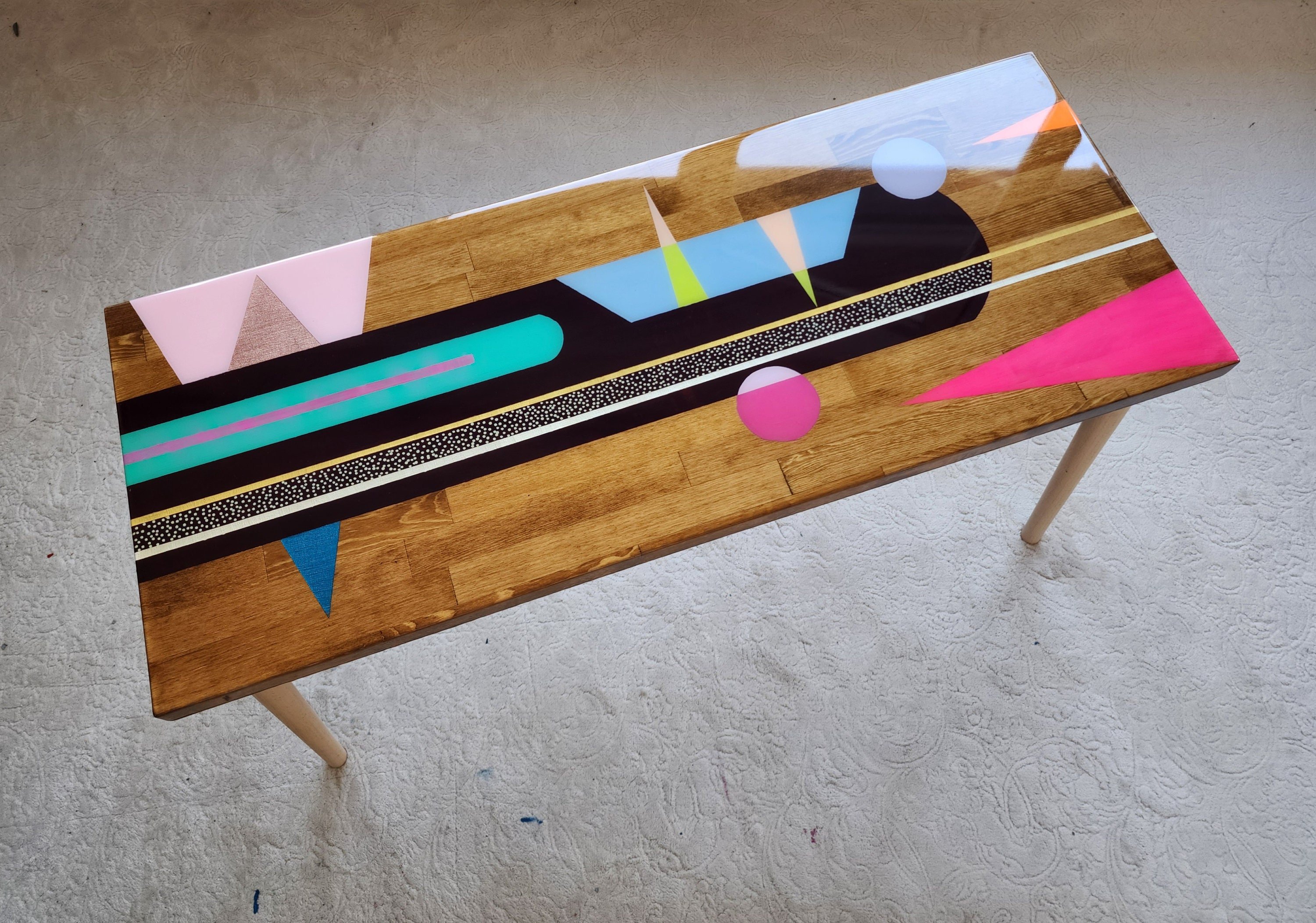 Colorful Mid Century Modern Resin Side Coffee Table, Abstract Vintage Retro Eclectic Living Room Pop Art Custom Made Unique Boho Cute Table