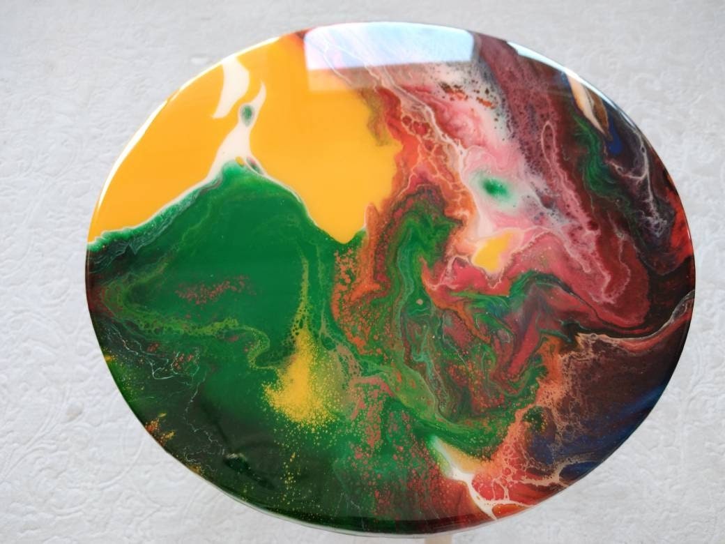 Round Yellow Red Side Resin Coffee Table, Bedside Blue Green Modern Unique Wood Handmade Wooden Abstract Art Sofa End Cool Amazing Table