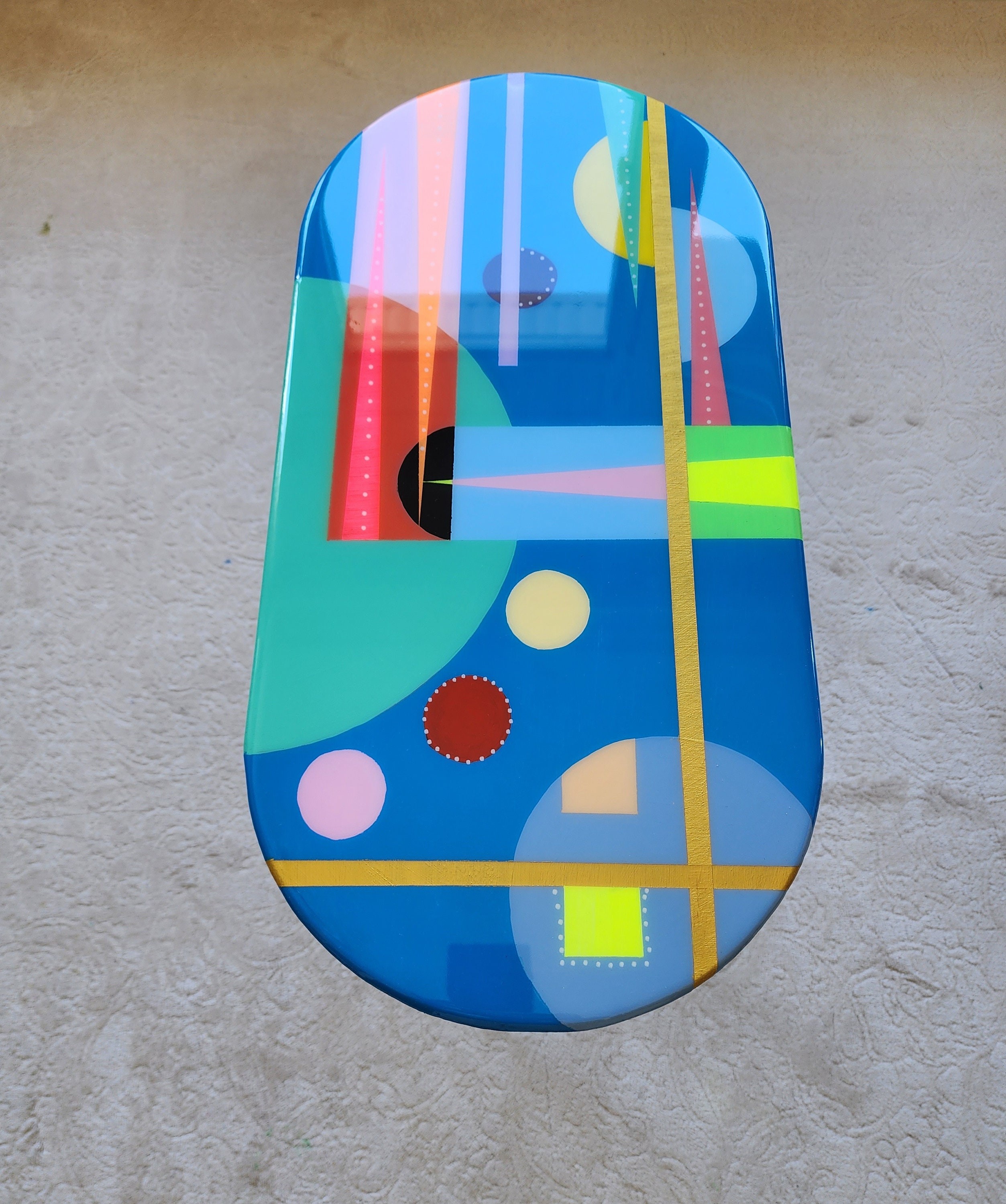 Oval Abstract Painted Colorful Resin Side Coffee Table, Handmade Wooden Geometric Blue Entryway Center Living Room Bedside Small Epoxy Table