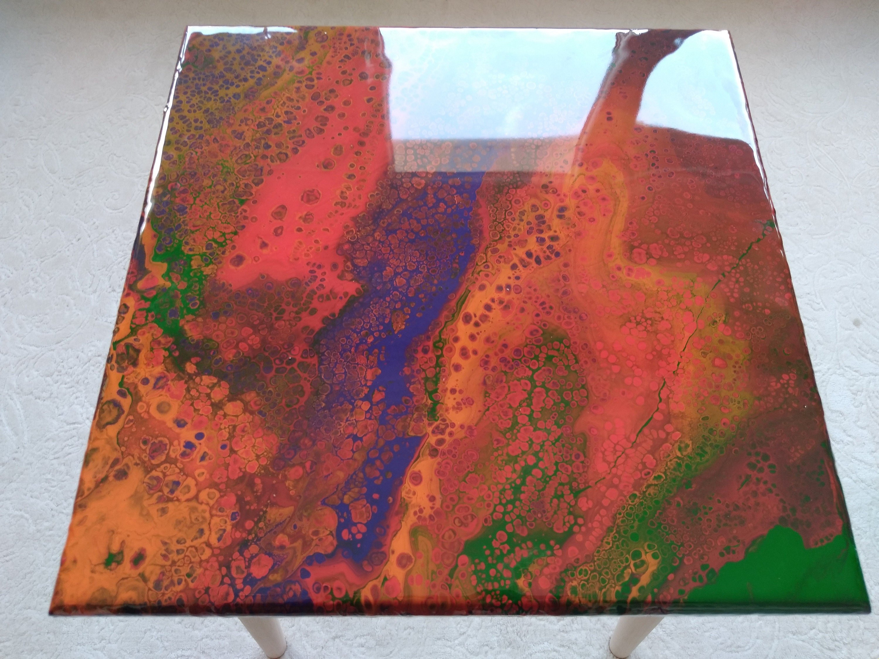Small Boho Resin Wood Side Coffee Table, Modern Square Wooden Red Blue Unique End Low Sofa Bedside Bedroom Abstract Epoxy Art Coffee Table