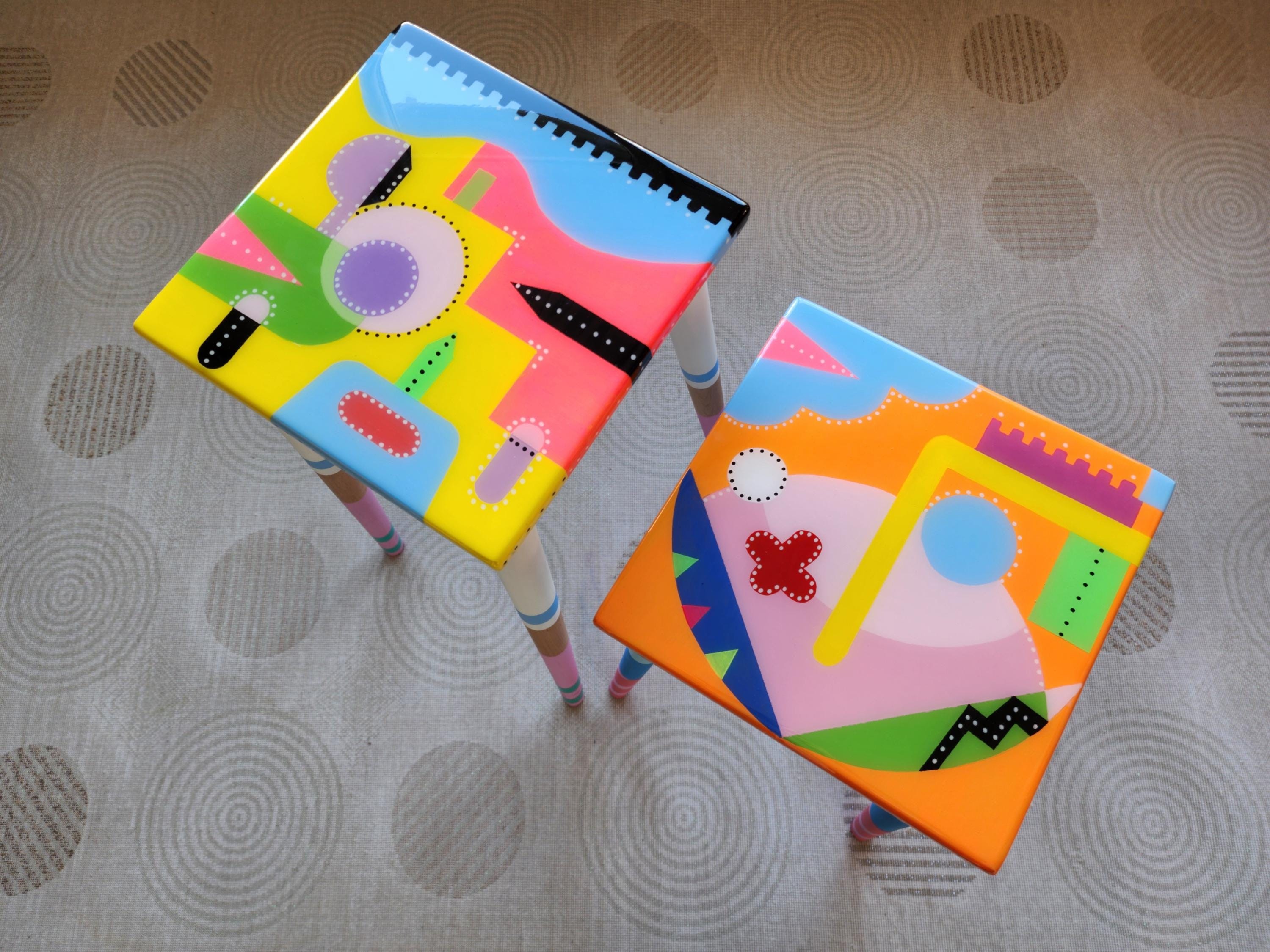 Colorful Painted Funky Abstract Cool Resin Side Coffee Tables,Wooden Modern Pink Orange Acrylic Quirky Bedside Furniture Cute Art Nightstand