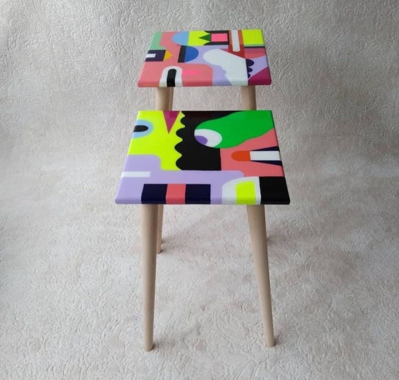 Colorful Pink Funky Wooden Side Resin Tables,Yellow Unique Bedside Living Room Modern  End Center Epoxy Abstract Cool Sofa Art Coffee Tables