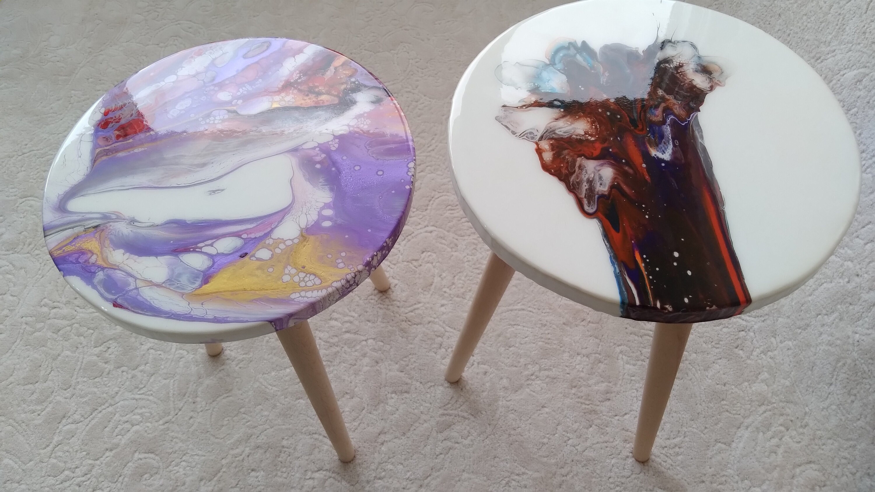 Wooden Colorful Resin Boho Side Coffee Tables, Living Room Bedside Entryway Cool Sofa End Center Wood Unique Purple Modern Epoxy Art Table