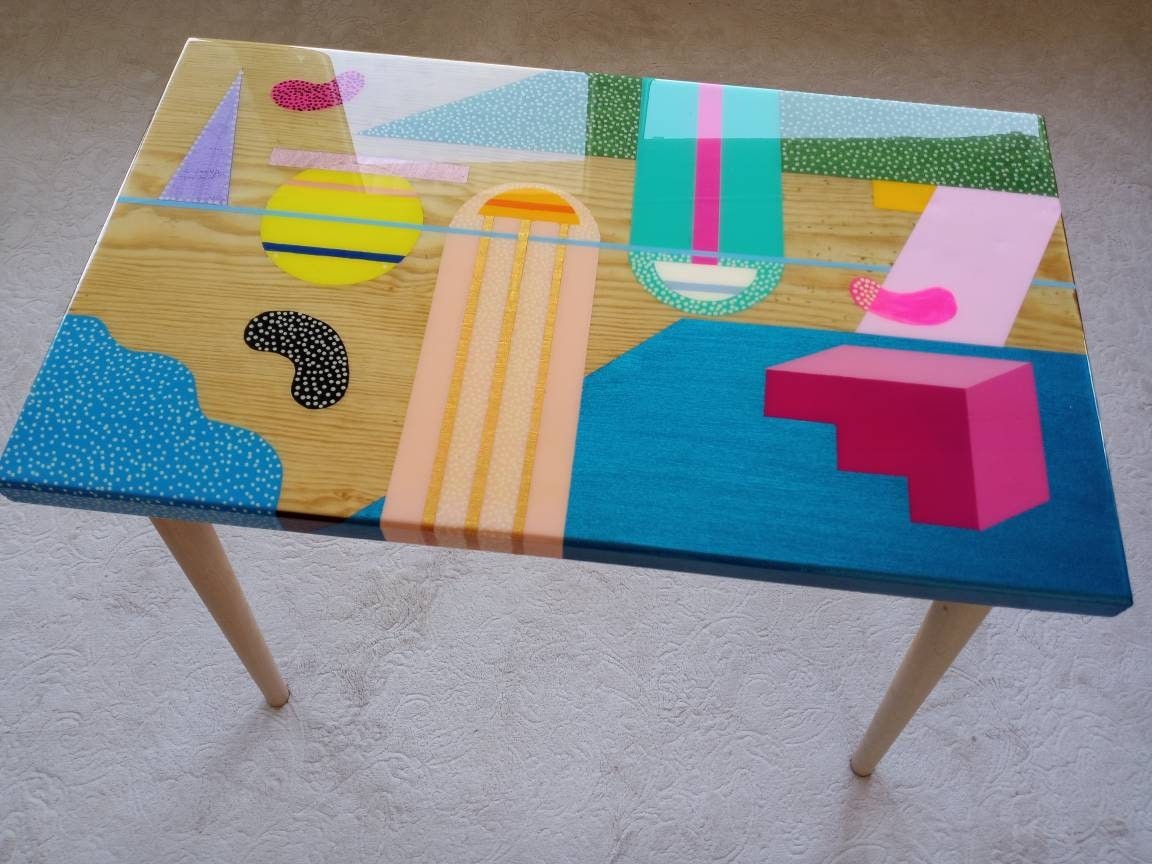 Handmade Colorful Abstract Funky Resin Side End Table, Unique Wooden Entryway Living Room Bedside Bedroom Epoxy Sofa Boho Art Coffee Table
