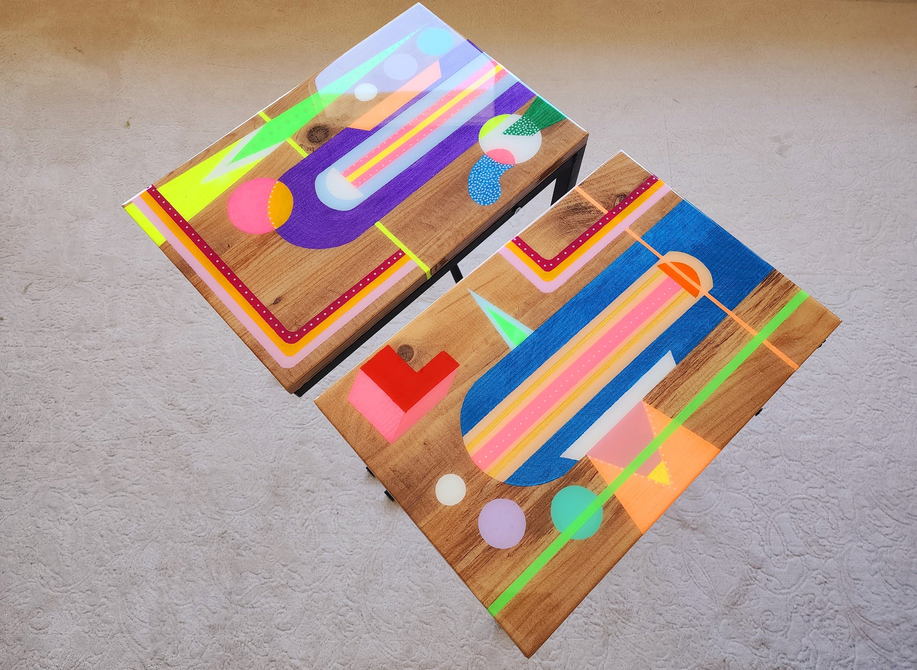 Mid Century Modern Epoxy Resin Couch C Tables,Painted Boho Retro Chic with Abstract Colorful Pink & Blue Designs,Eclectic Cool Coffee Table