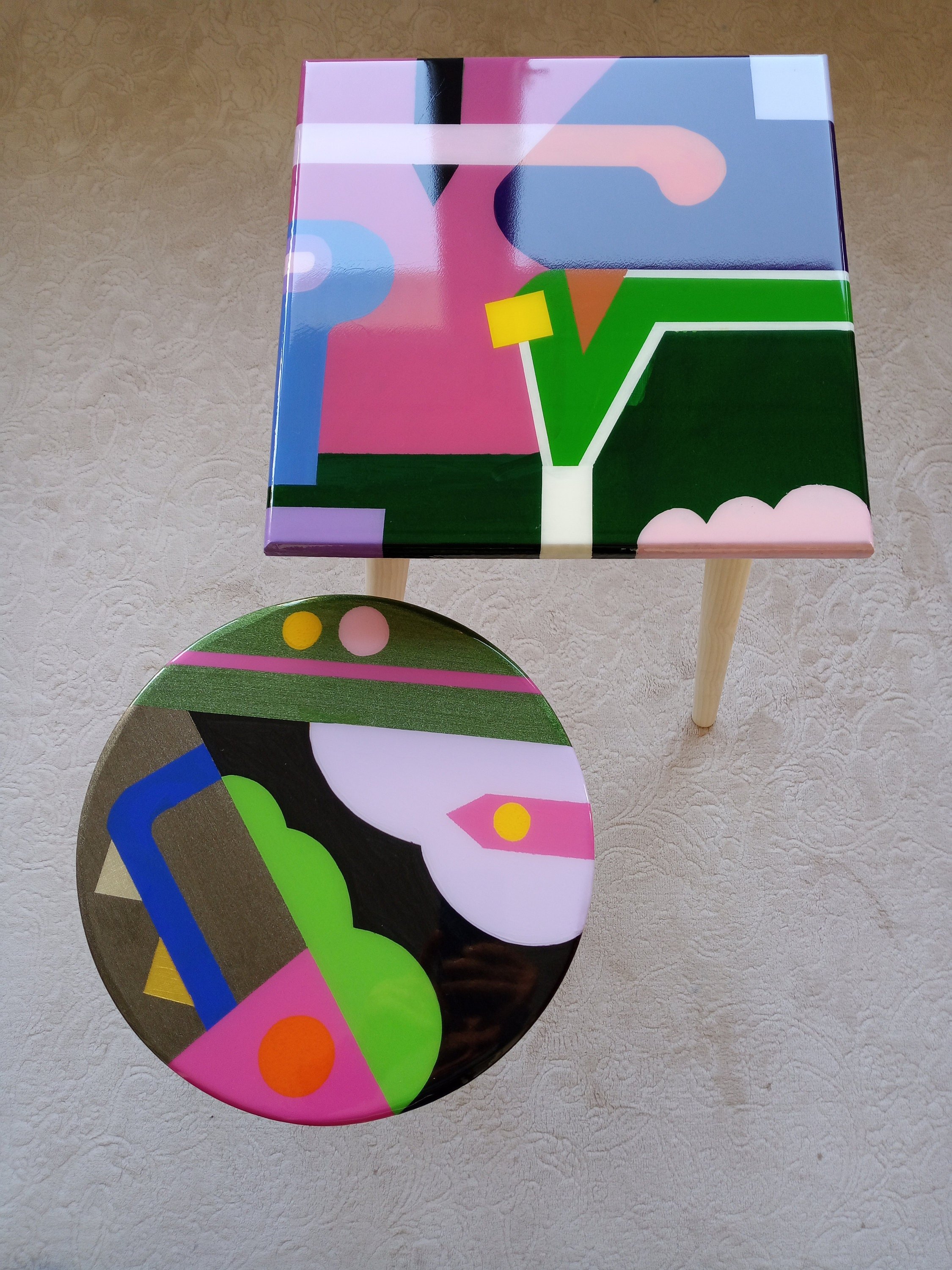 Aesthetic Epoxy Resin Nesting Art Coffee Tables,Round Square Set Of 2 Shiny Design Sofa Table,Stunning Contemporary Housewarming Gift