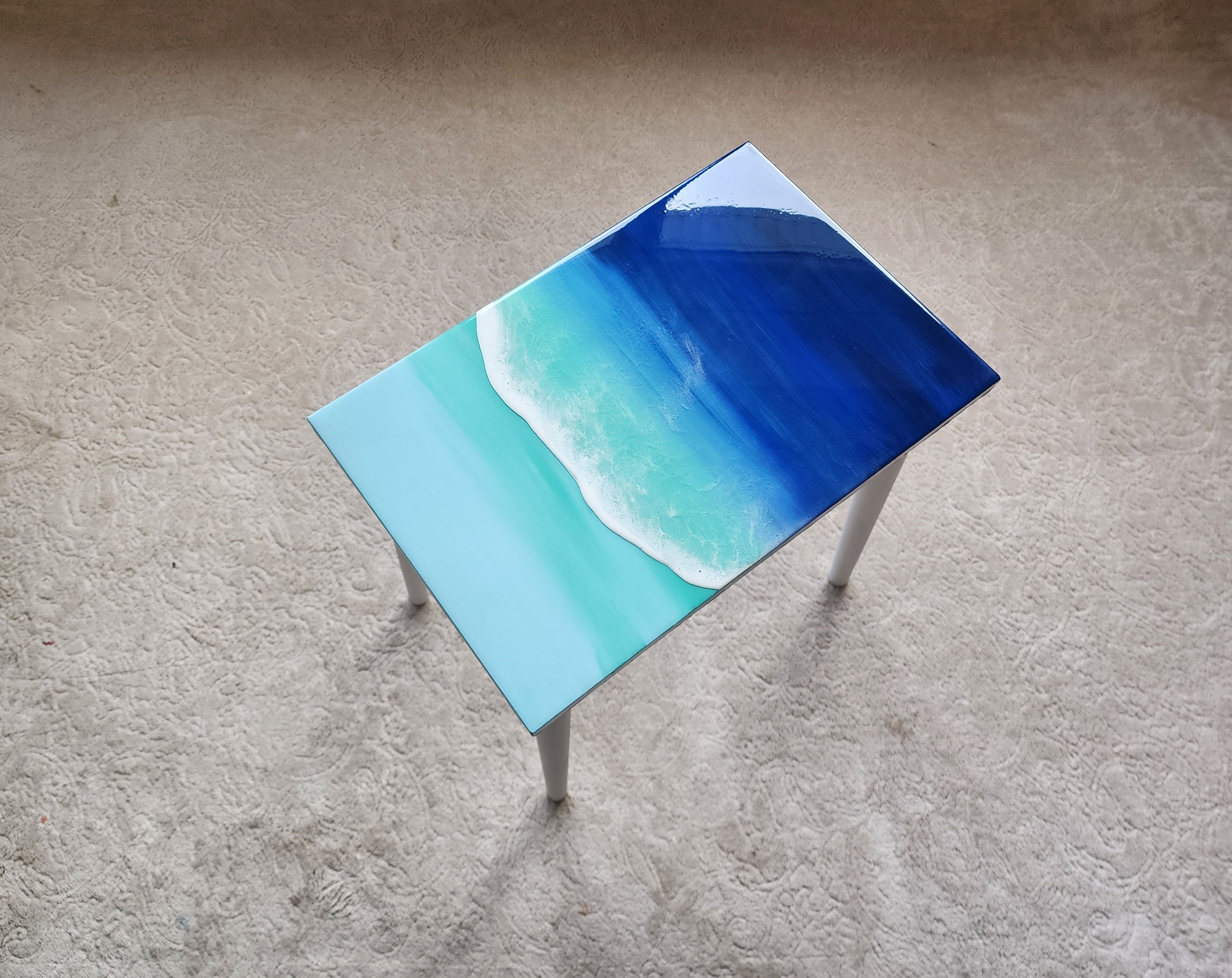 Beach Themed Epoxy Resin Ocean Wave Side Coffee Table, Coastal Blue Natural Sea Table,Unique Groovy Sofa End Table,Modern Painted Legs Table