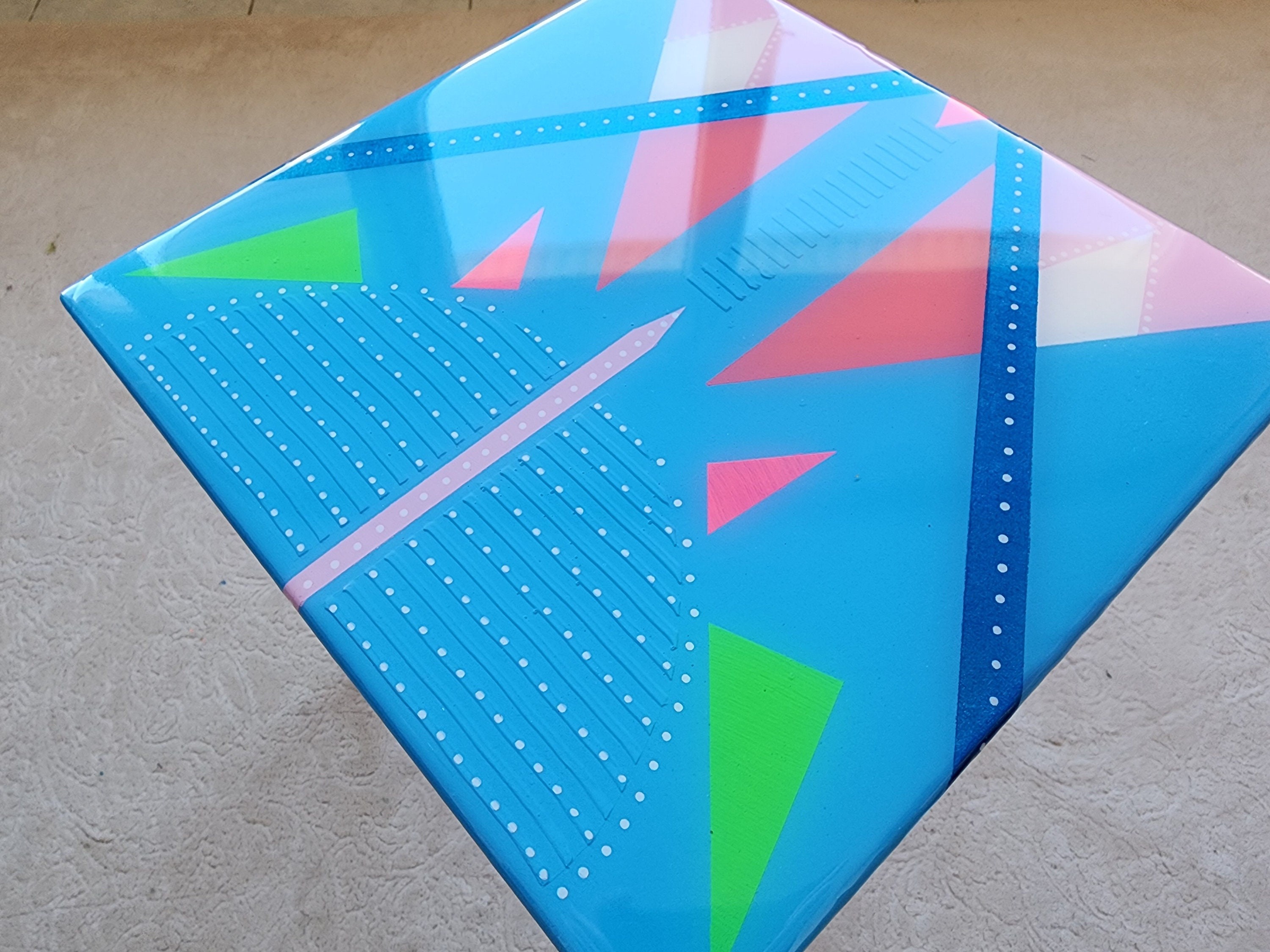 Small Wooden Abstract Resin Cool Side Coffee Table,Blue Modern Bedside Living Room Entryway End Colorful Handmade Funky Boho Epoxy Art Table