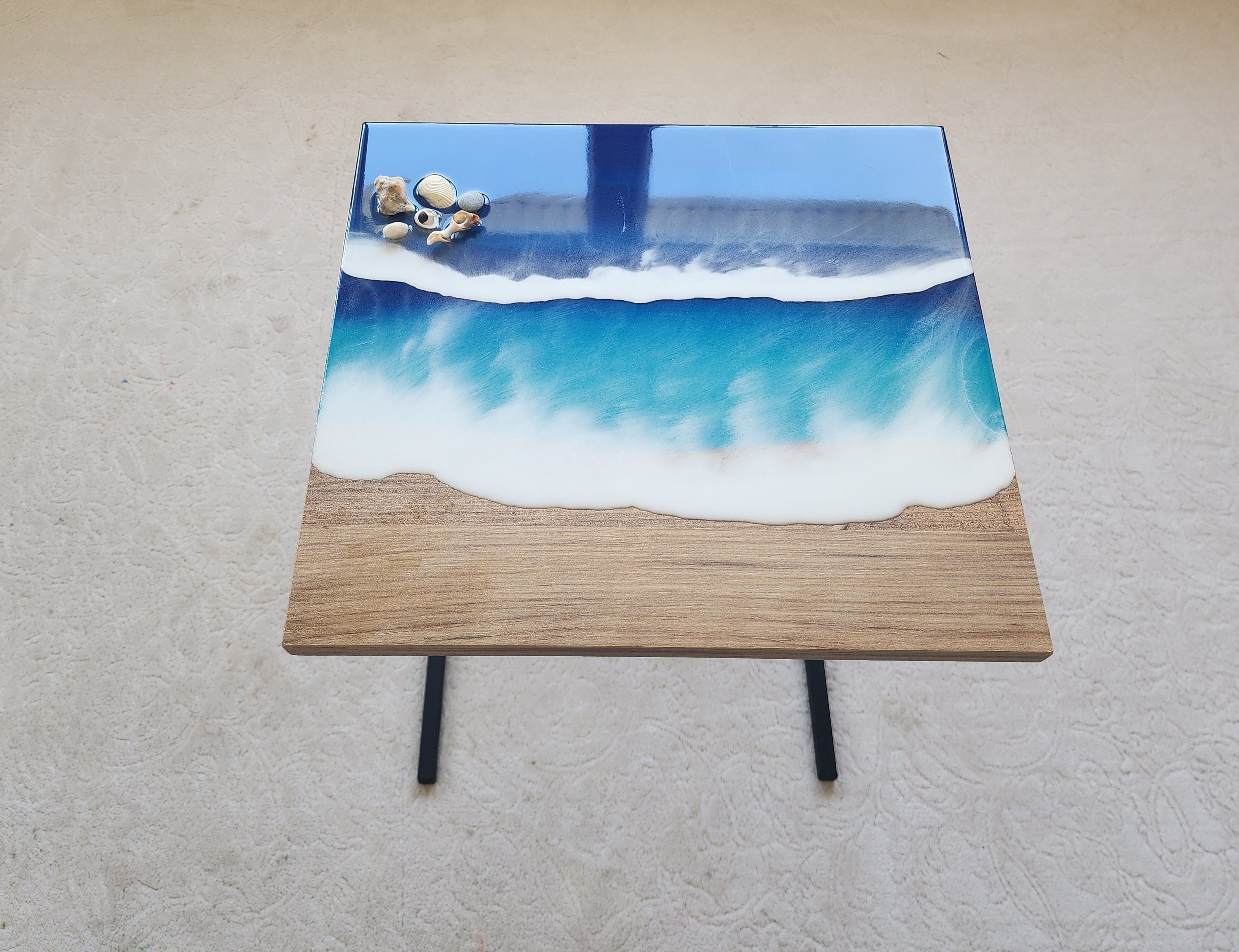 Small C Shape Ocean Wave Epoxy Resin Couch Table, Modern Nautical Sofa Side Sea End Table, Coastal Seashell Beach Snack Art Coffee Table