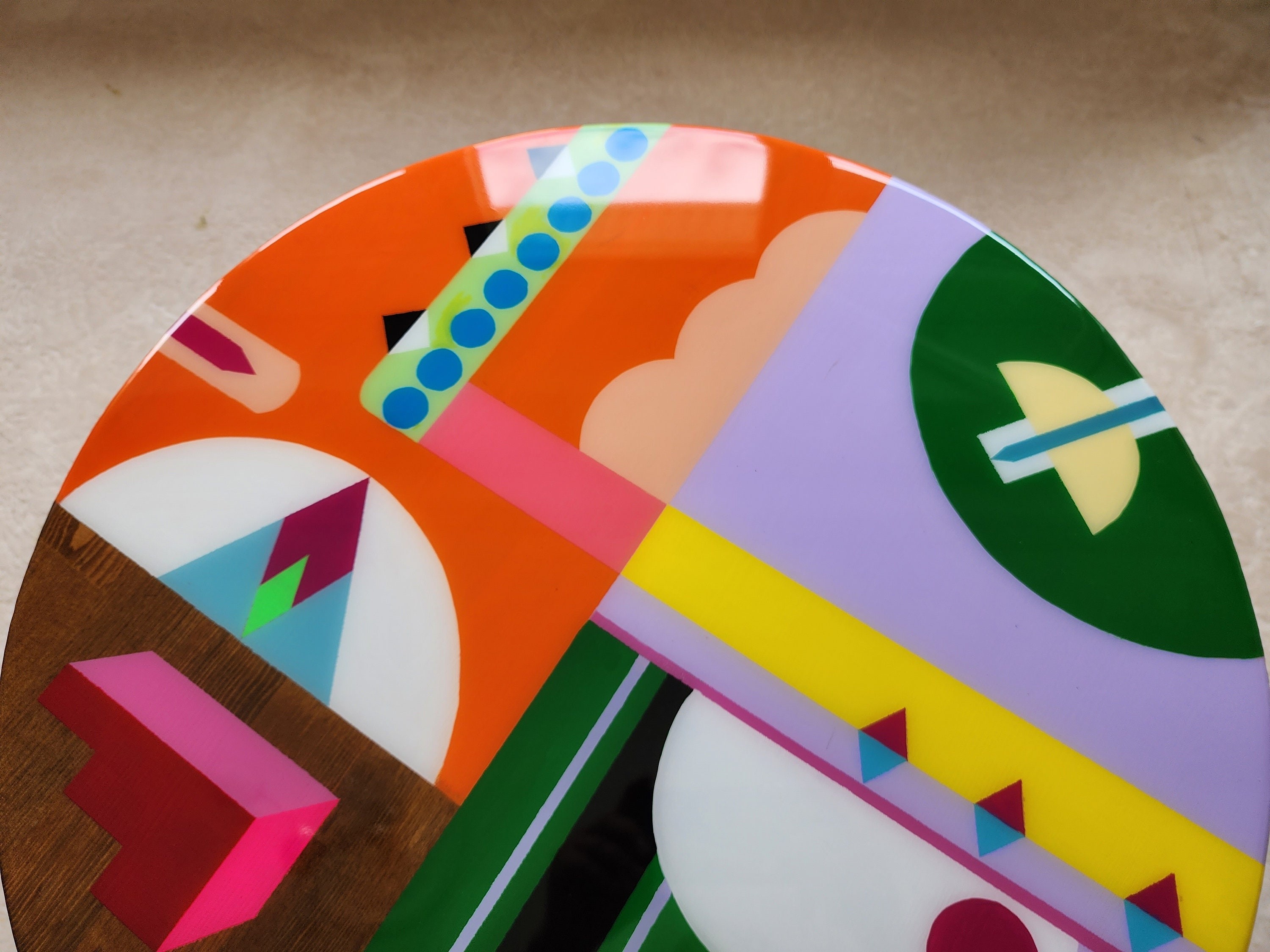 Modern Colorful Resin Round Side Center Table, Funky Retro Furniture Abstract Cool Living Room Sofa Epoxy Live Edge Wooden Vintage End Table