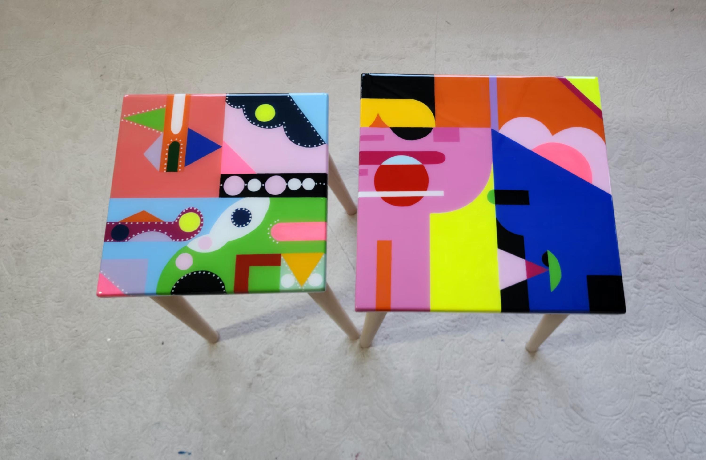 Colorful Small Funky Hand Painted Epoxy Resin Side Coffee Tables