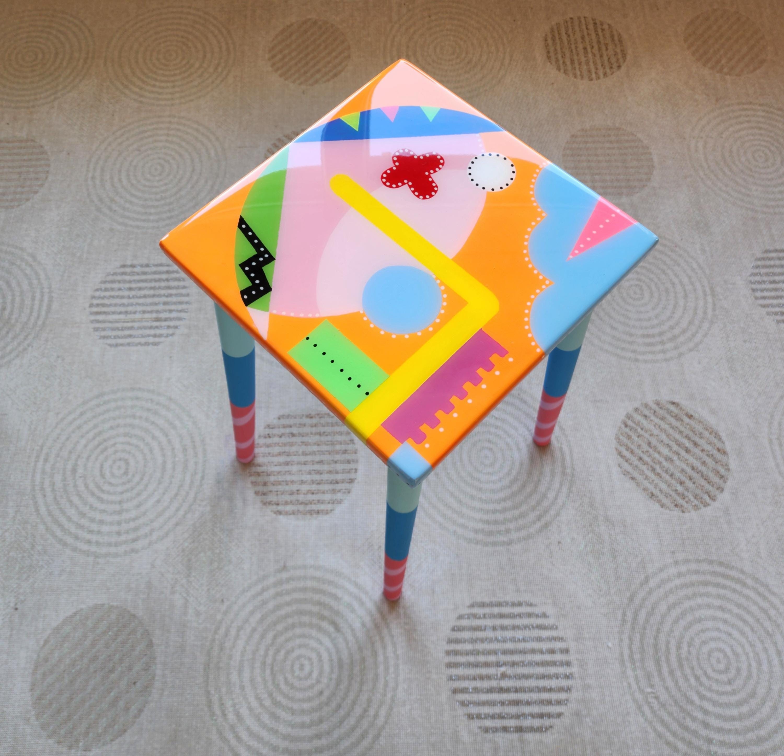 Small Wooden Hand Painted Resin Cool Side Coffee Tables,Colorful Pink Orange Blue Abstract Epoxy Art Tables