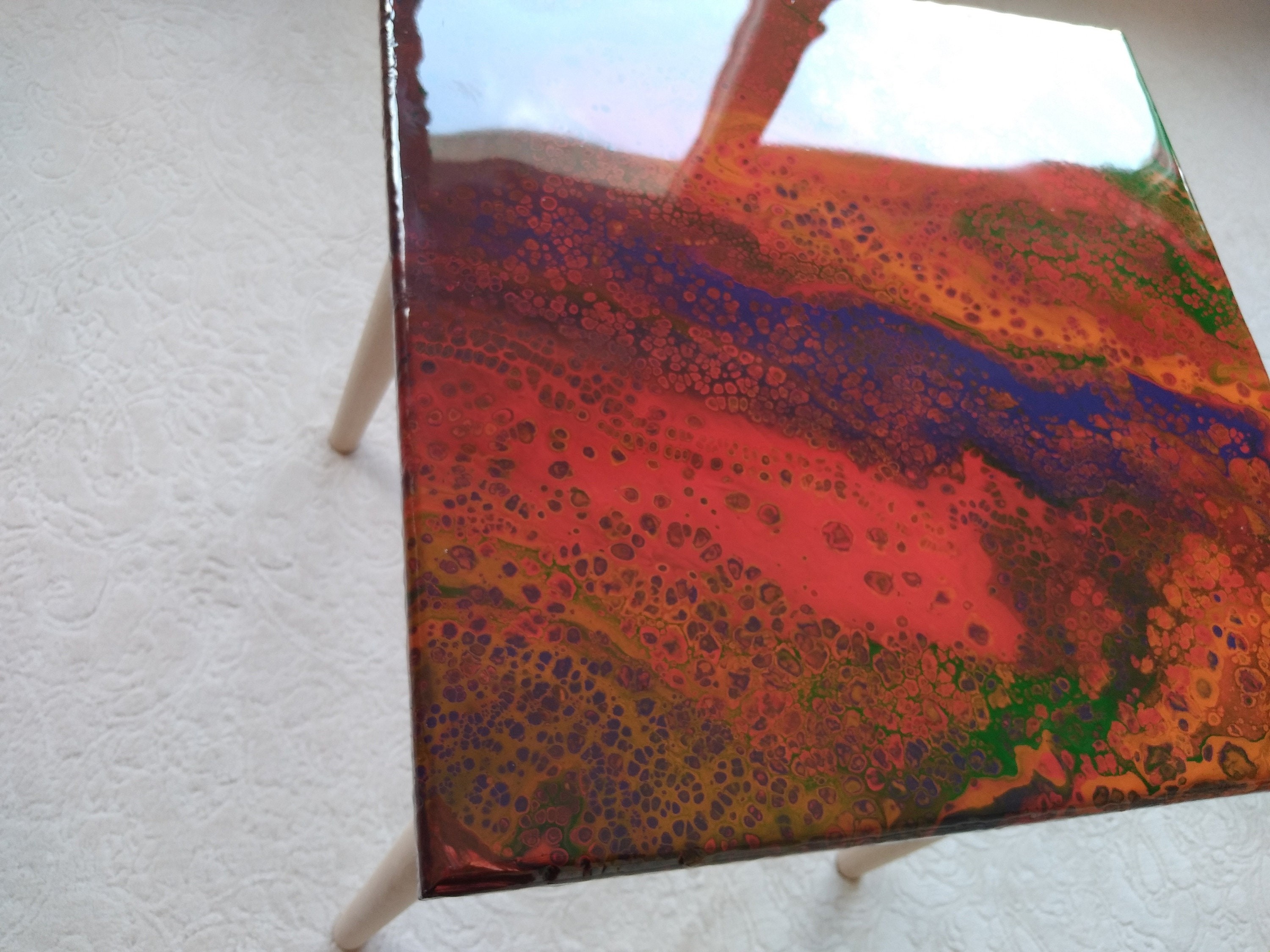 Small Boho Resin Wood Side Coffee Table, Modern Square Wooden Red Blue Unique End Low Sofa Bedside Bedroom Abstract Epoxy Art Coffee Table