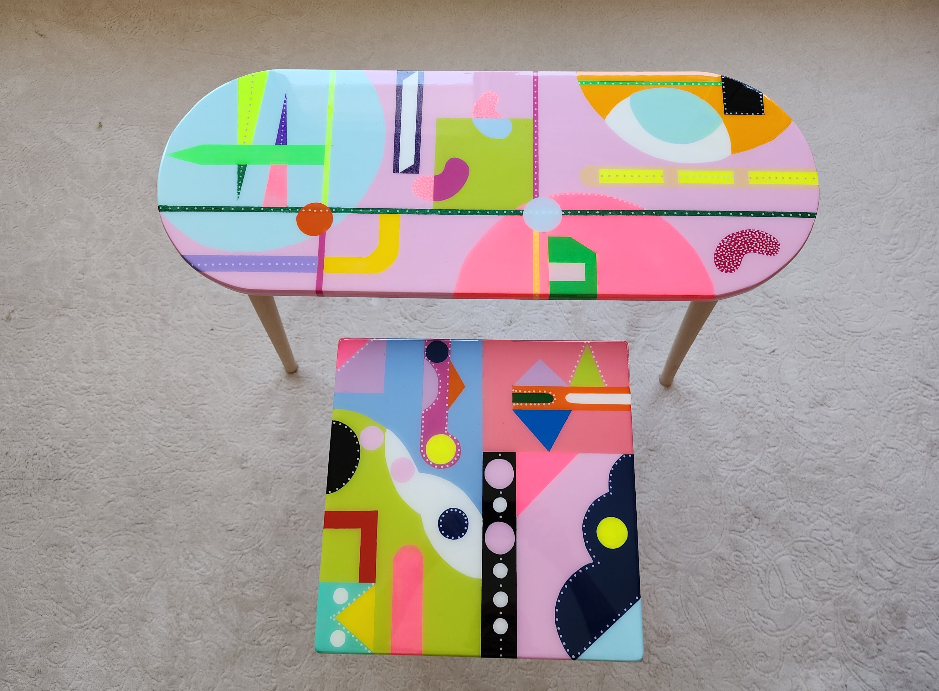 Mid Century Modern Pink Resin Narrow Coffee Tables, Colorful Abstract Vibrant Funky Eclectic Cool Retro Painted Epoxy Side End Pop Art Table