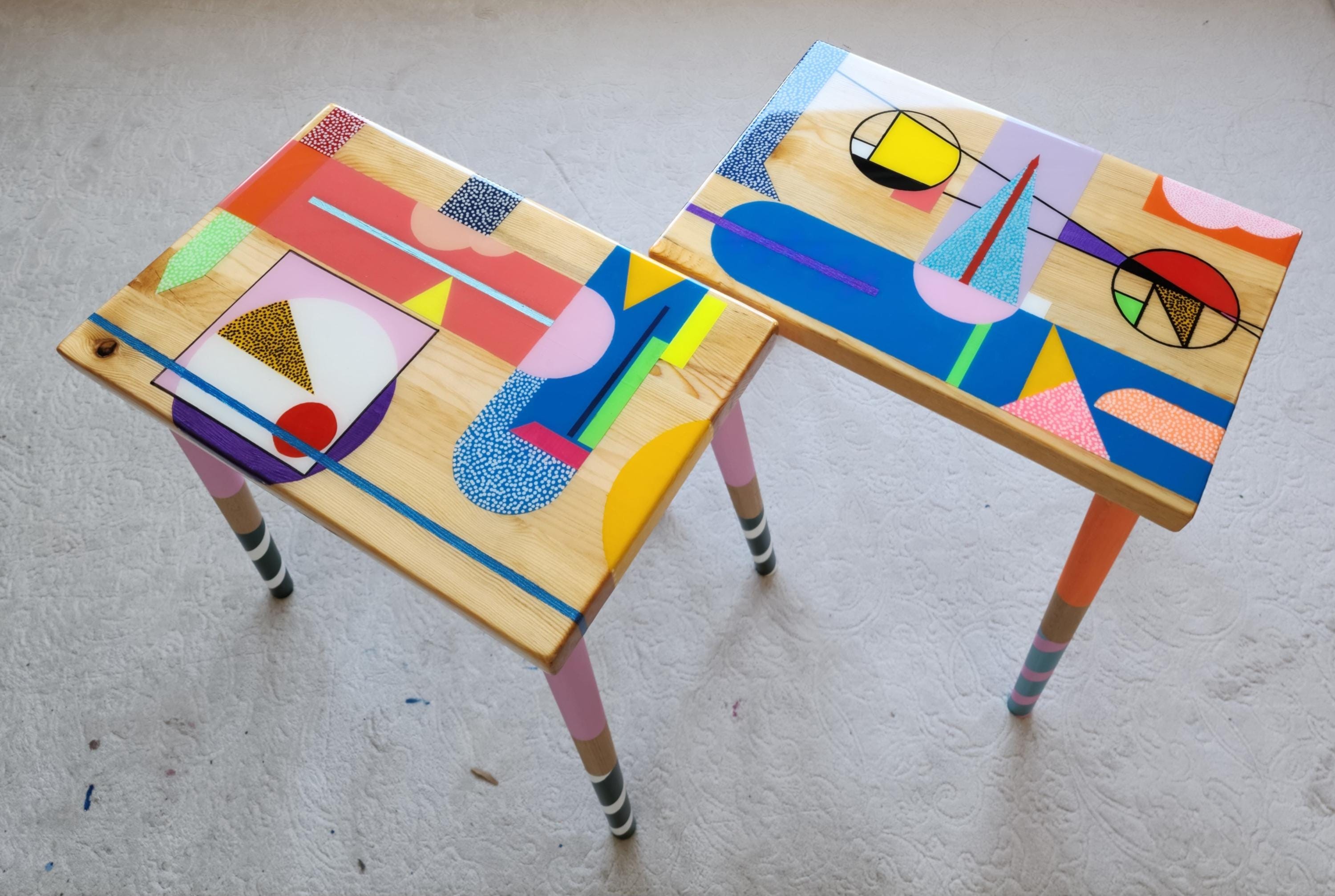 Colorful Pink Blue Painted Funky Resin Side Art Coffee Tables,Unique Abstract Bedside Living Room Entryway Boho MCM Quirky Epoxy Cute Table