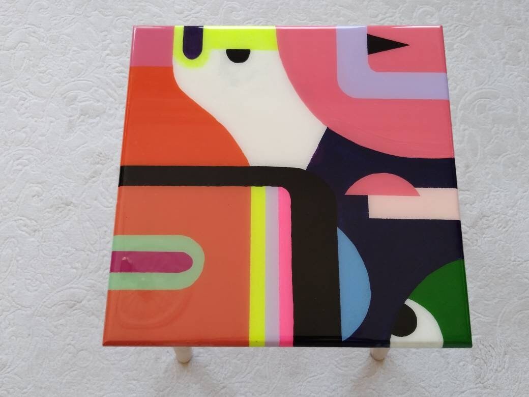 Small Abstract Colorful Resin Side End Coffee Table, Modern Mid Century Style Orange Yellow Unique Wooden Funky Boho Cool Art Coffee Table