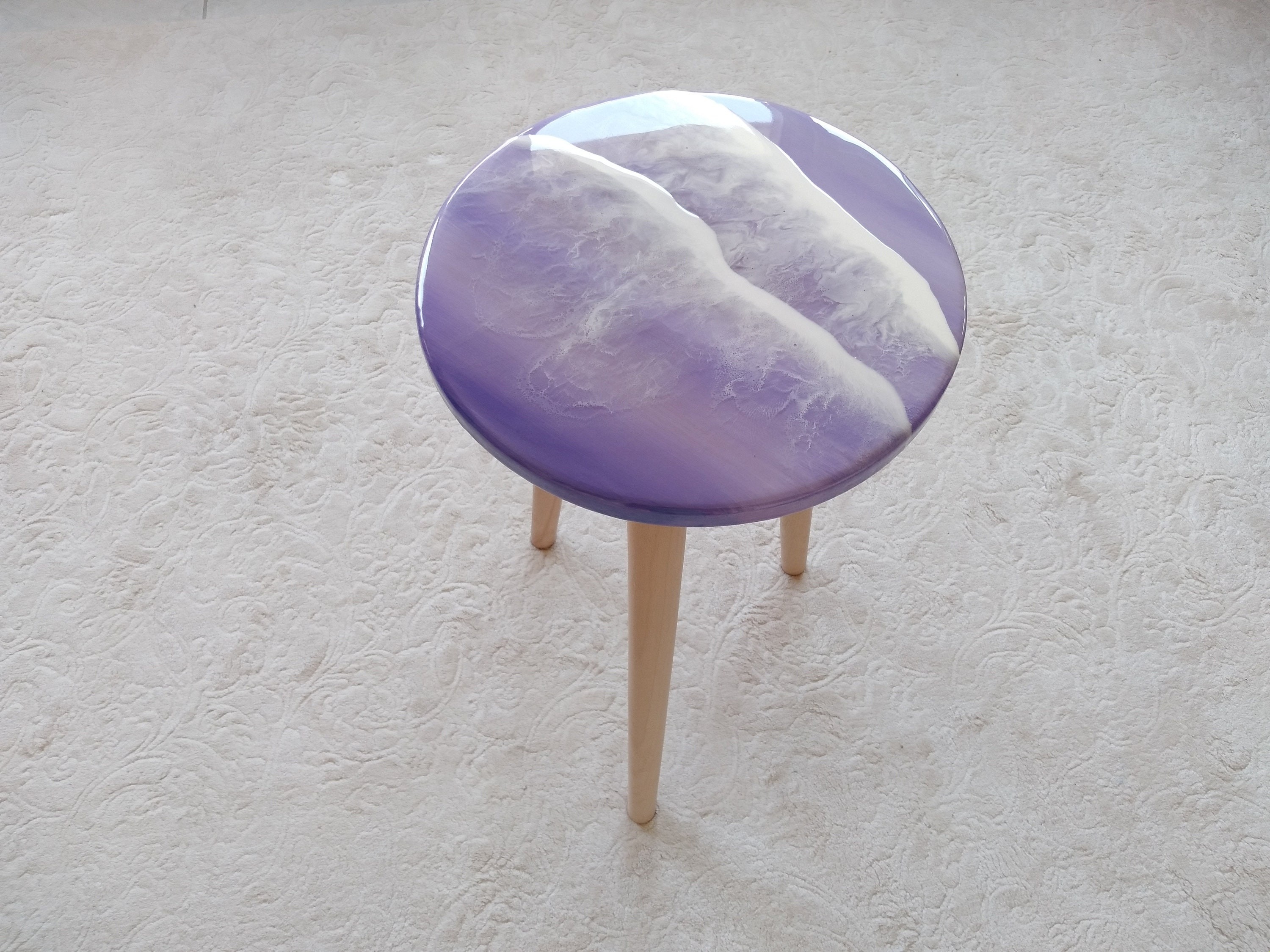 Unique Ocean Wave Resin Side Coffee Table, Beach Design Modern Purple Natural Wood Art Sofa Living Room Bedside Cool Live Edge River Table