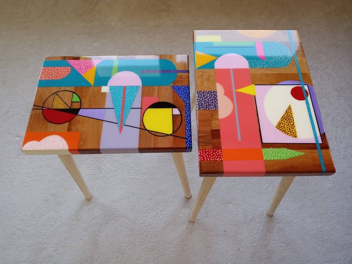 Colorful Hand Painted Funky Resin Side End Tables, Unique Pink Blue Abstract Bedside Living Room Entryway Boho 80s Epoxy Art Coffee Table