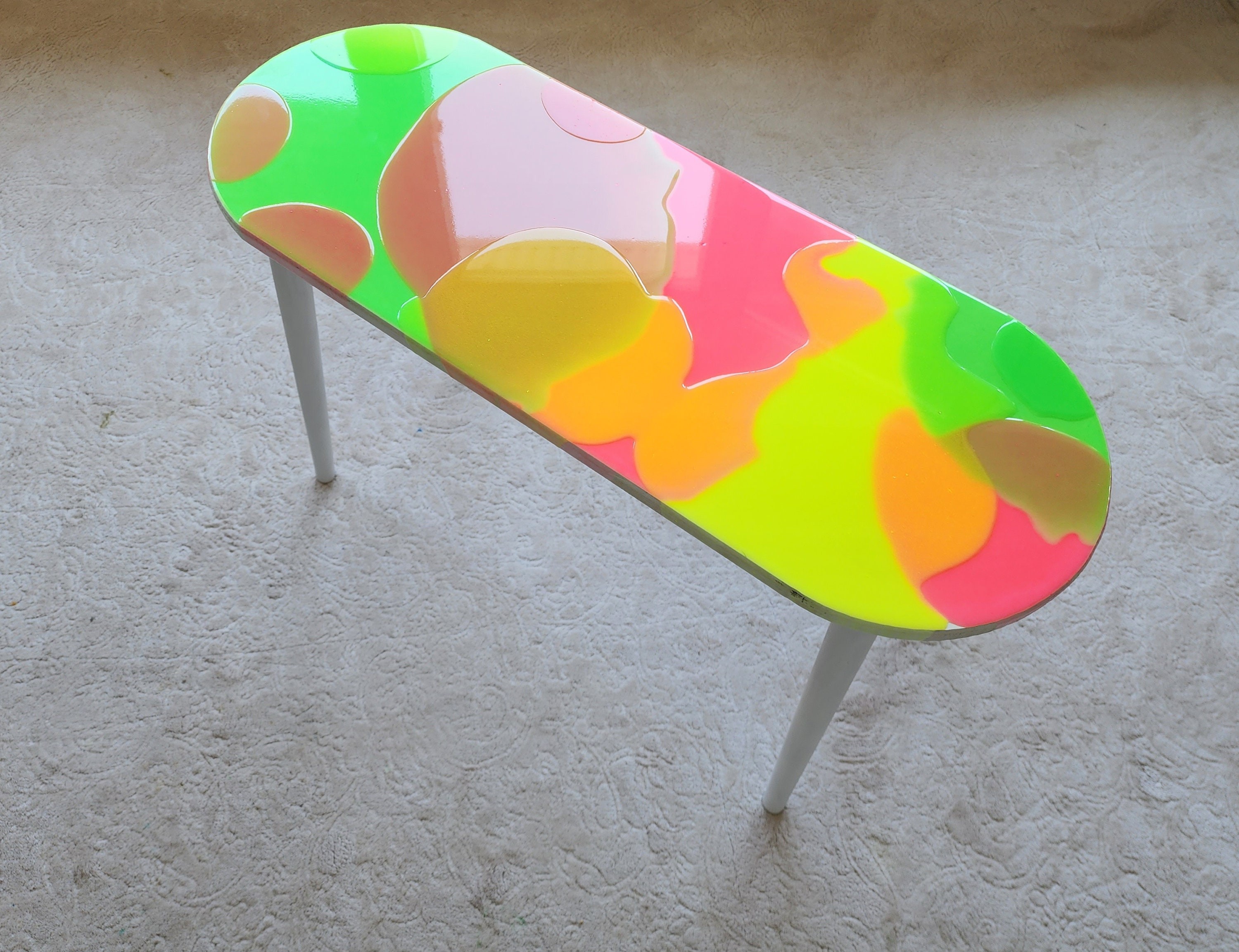 Colorful Parametric Epoxy Resin 3D Side End Oval Coffee Table,Maximalist Abstract Modern Vibrant Painted Groovy Funky Cool Pink Art Table