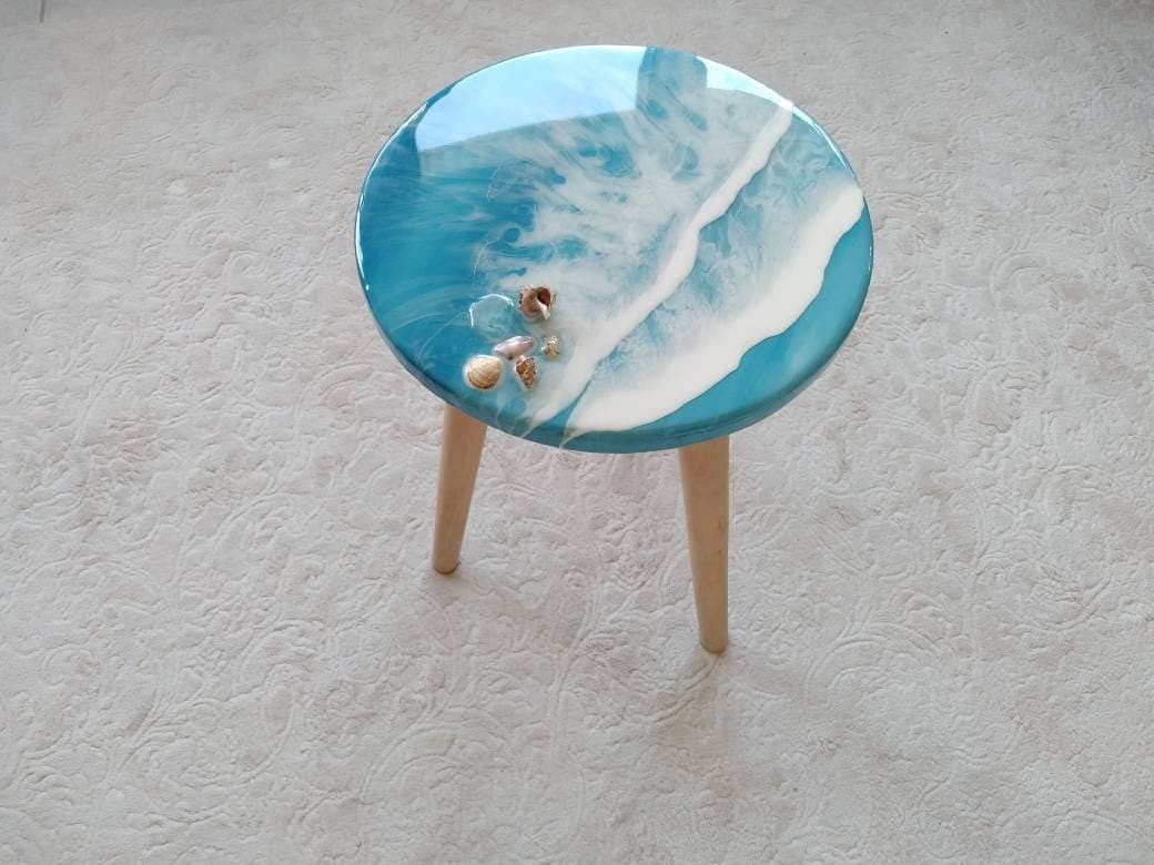 Unique Blue Ocean Wave Resin Side Coffee Table,  Modern Natural Wooden Sofa End Beach House Decor,Living Room, Bedside Cool Sea Art Table