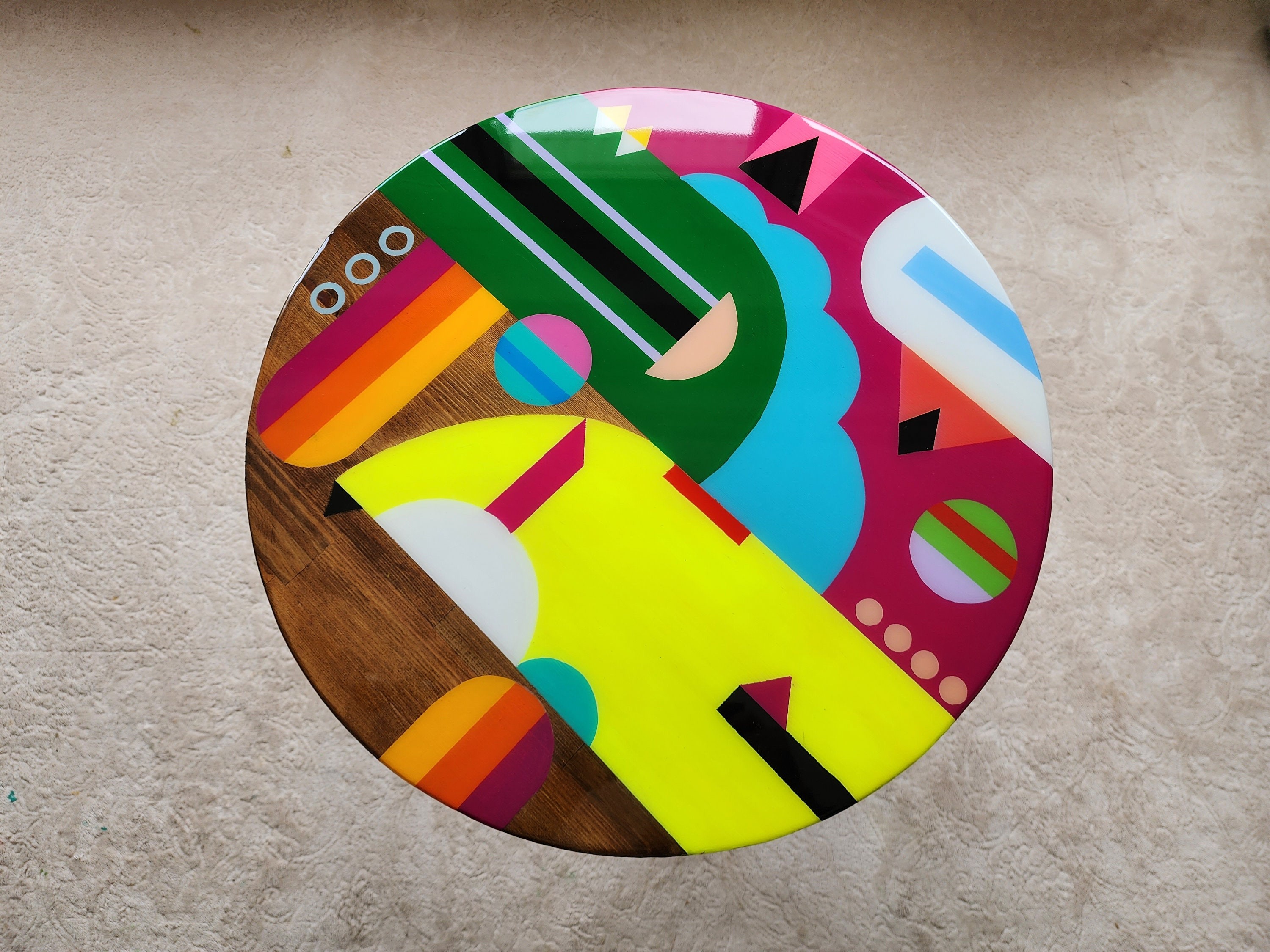Wooden Resin Boho Side Funky Coffee Table, Modern Handmade Cool Bedside Living Room Entryway End Sofa Middle Colorful Abstract Small Table