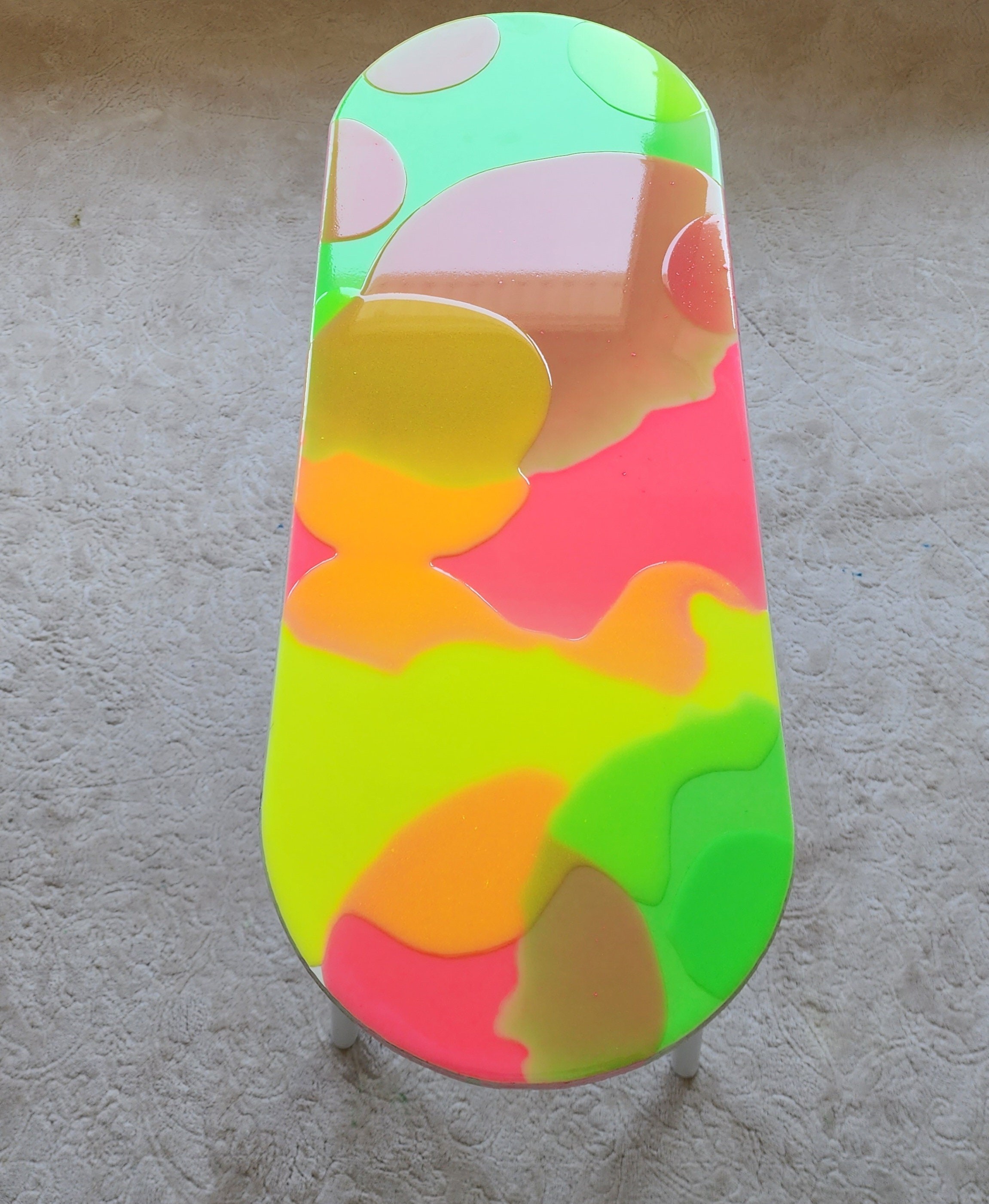 Colorful Parametric Epoxy Resin 3D Side End Oval Coffee Table,Maximalist Abstract Modern Vibrant Painted Groovy Funky Cool Pink Art Table