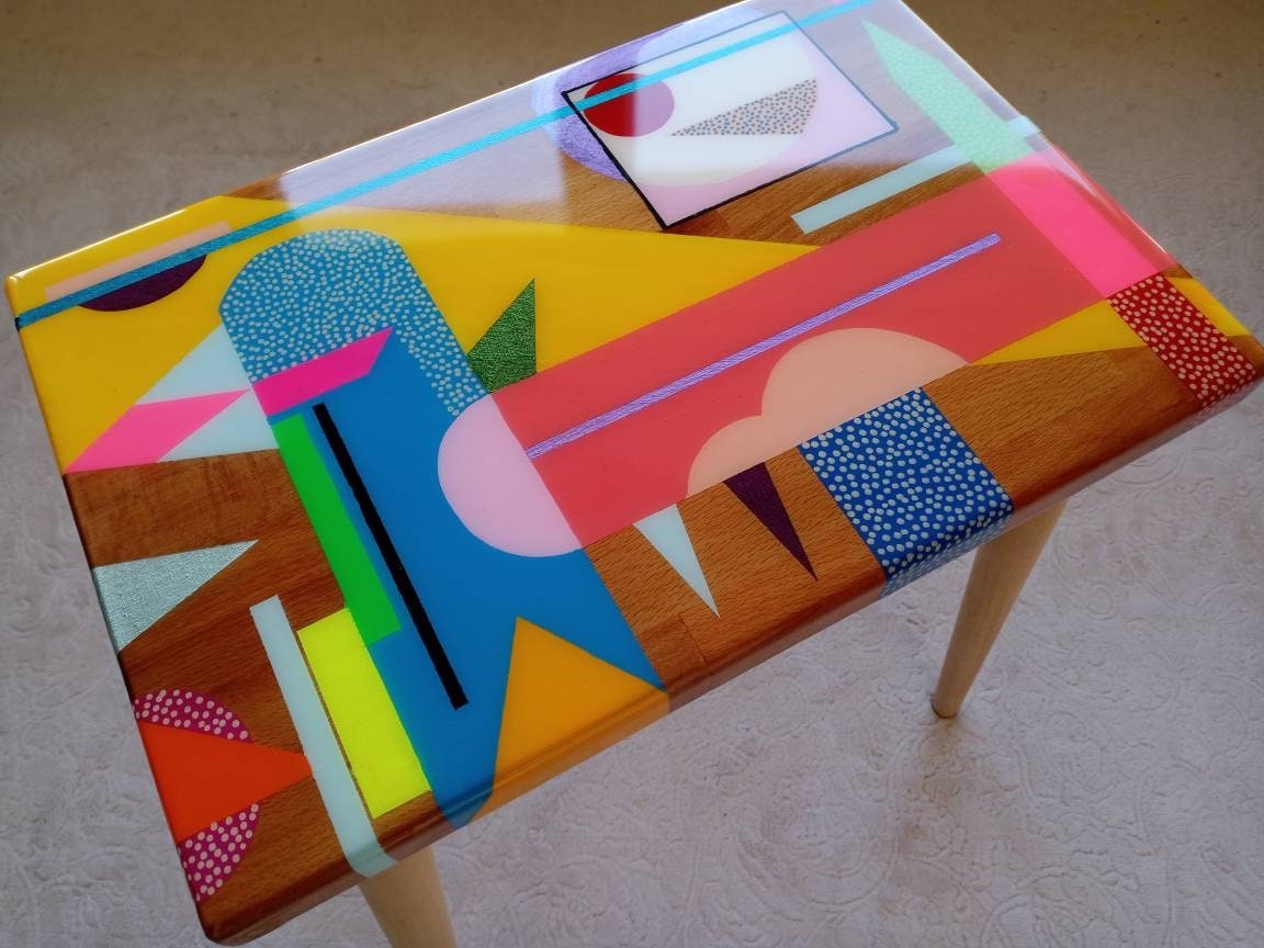 Wooden Resin Boho Side Funky Coffee Table, Modern Handmade Cool Bedside Living Room Entryway End Sofa Middle Colorful Abstract Small Table