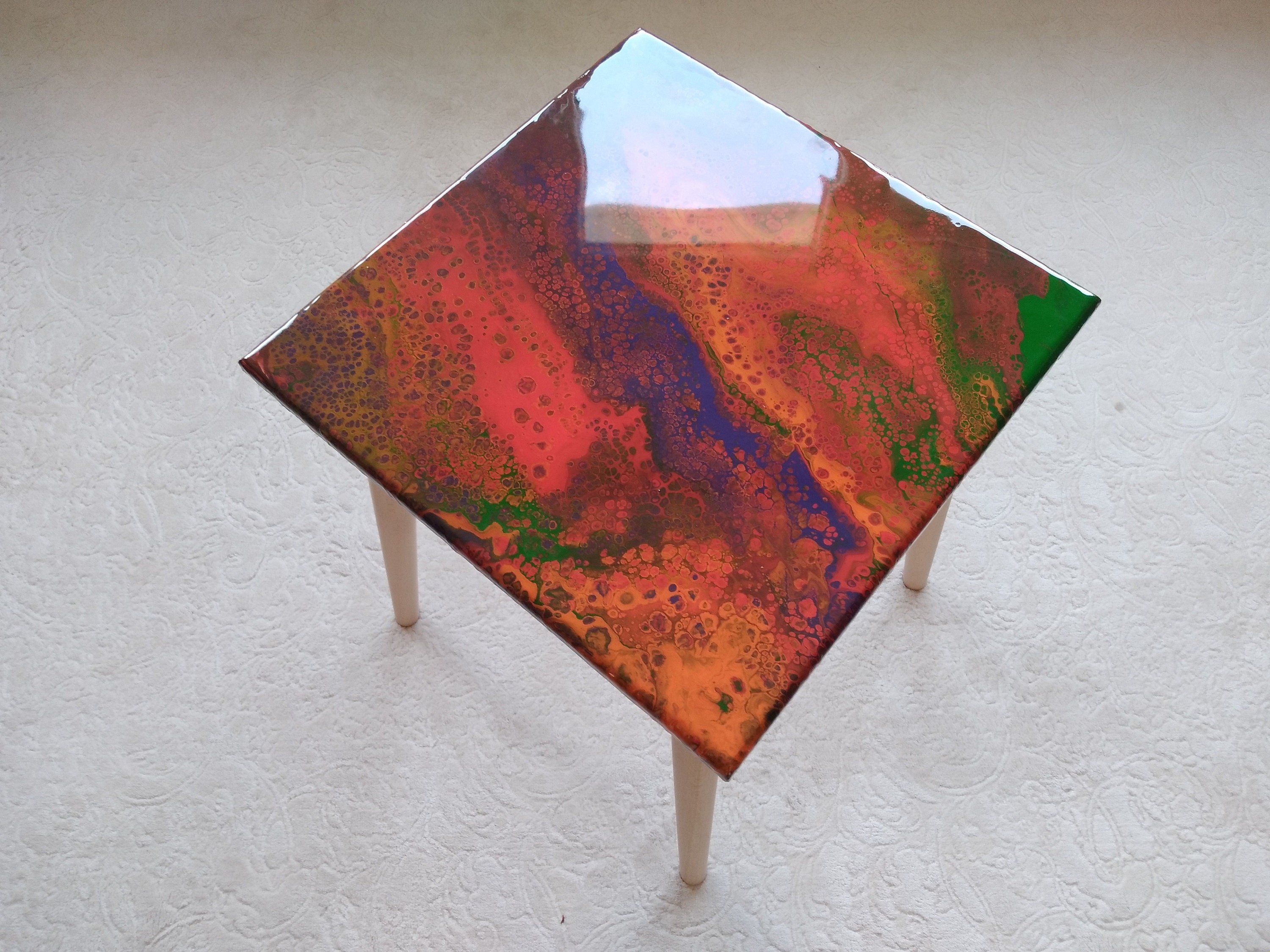 Small Boho Resin Wood Side Coffee Table, Modern Square Wooden Red Blue Unique End Low Sofa Bedside Bedroom Abstract Epoxy Art Coffee Table